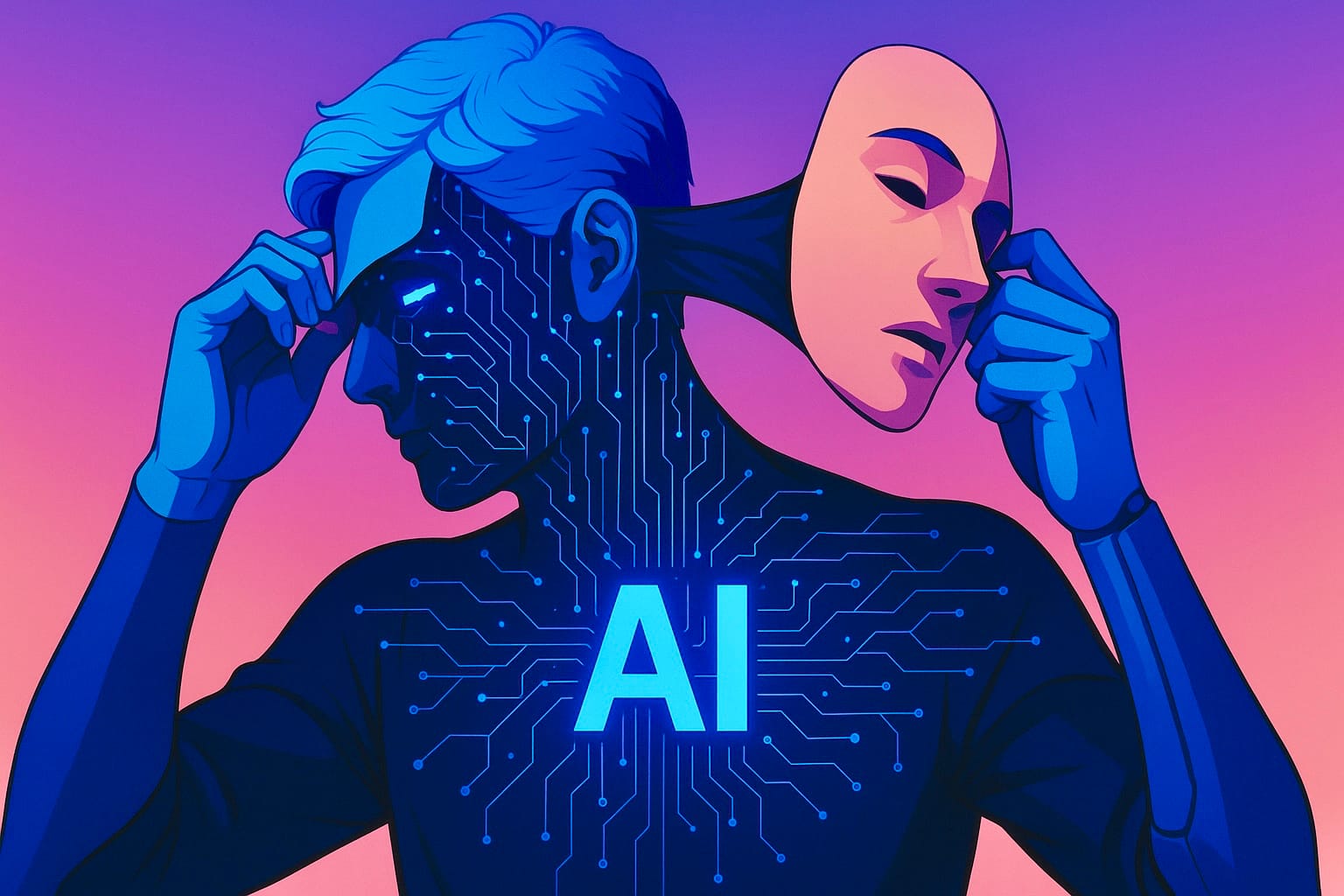 AI conceptual art of a man removing a mask symbolizing identity, the fusion of human and artificial intelligence, and the unveiling of digital consciousness