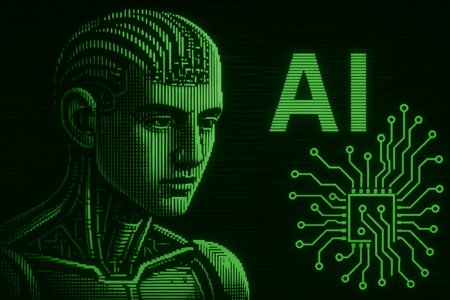 AI technology concept with green matrix-style effect representing digital code, virtual intelligence, and cyberpunk-inspired artificial systems
