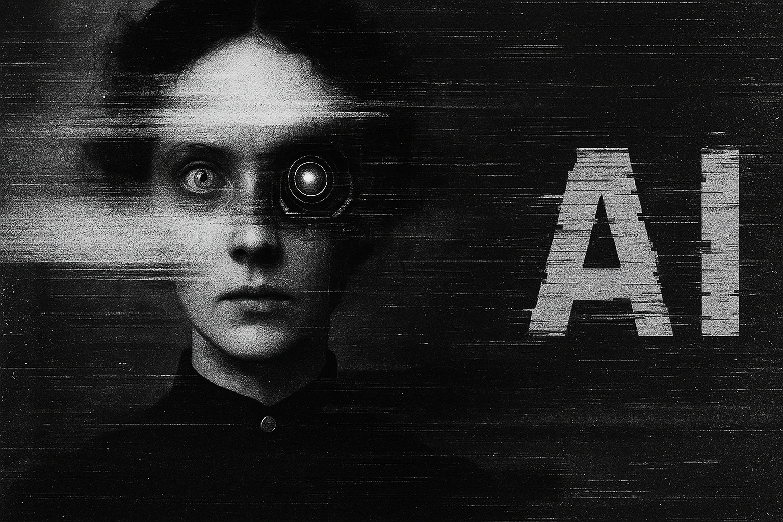 Horror AI-themed digital art with a dark atmosphere representing eerie artificial intelligence, dystopian technology, and sinister sci-fi aesthetics