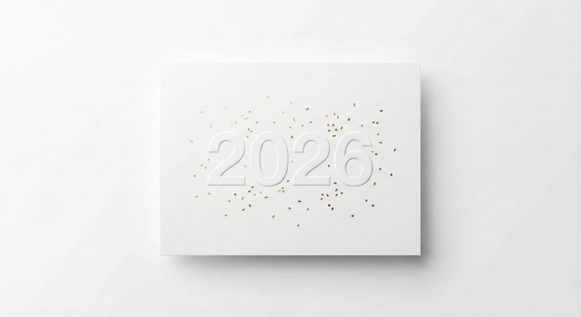 “Ultra minimal New Year 2026 card, clean white background,&nbsp;2026&nbsp;in the center in bold modern sans serif typography, subtle embossed effect, tiny golden confetti around the numbers, very balanced grid-based composition, high-end art direction, soft shadows, Apple-style product photo lighting, 8K, super sharp, extremely aesthetic for branding”