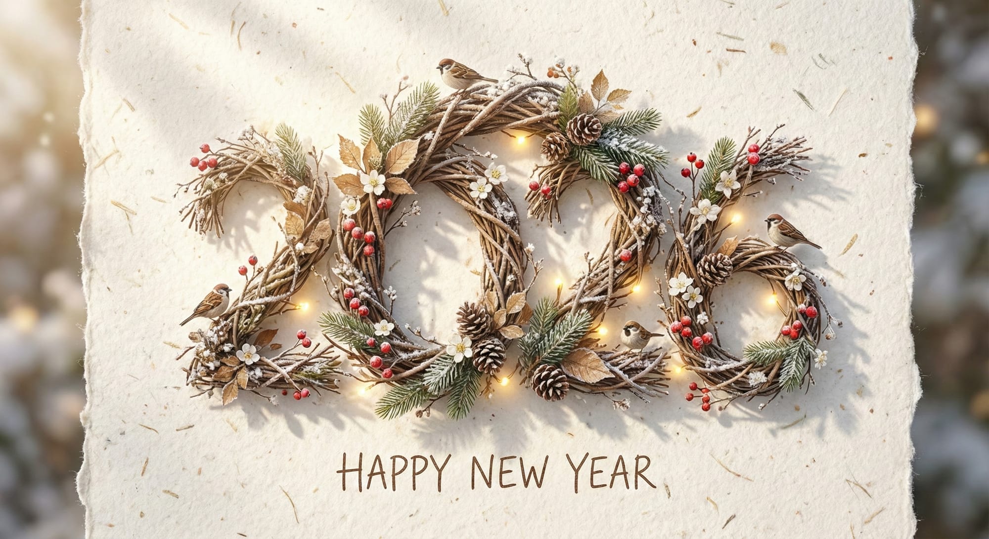 Prompt: “Organic, nature-inspired New Year card, large ‘2026’ formed from intertwined branches, vines, leaves and flowers, part of a lush wreath in the center, delicate frost and tiny snow crystals on the leaves, small birds, berries and pinecones integrated into the composition, earthy greens and browns mixed with subtle winter whites, soft natural sunlight filtering through the foliage, paper-like background with visible fibers giving a tactile handmade feel, gentle shadows for depth, a few glowing fireflies or fairy lights around the 2026 numbers, balance of wild natural shapes and clean layout, 8K resolution, highly detailed, calm and cozy yet festive eco-friendly aesthetic.”