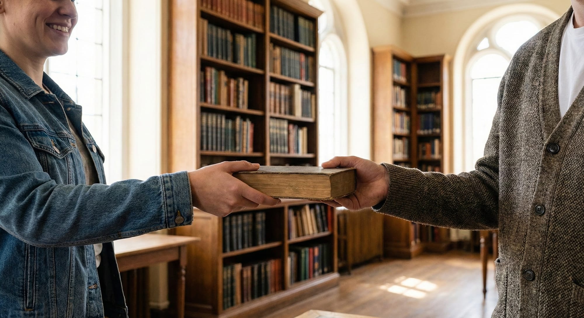 One person passing a book to another person, moment of transfer captured, both hands touching the book, photorealistic, library setting