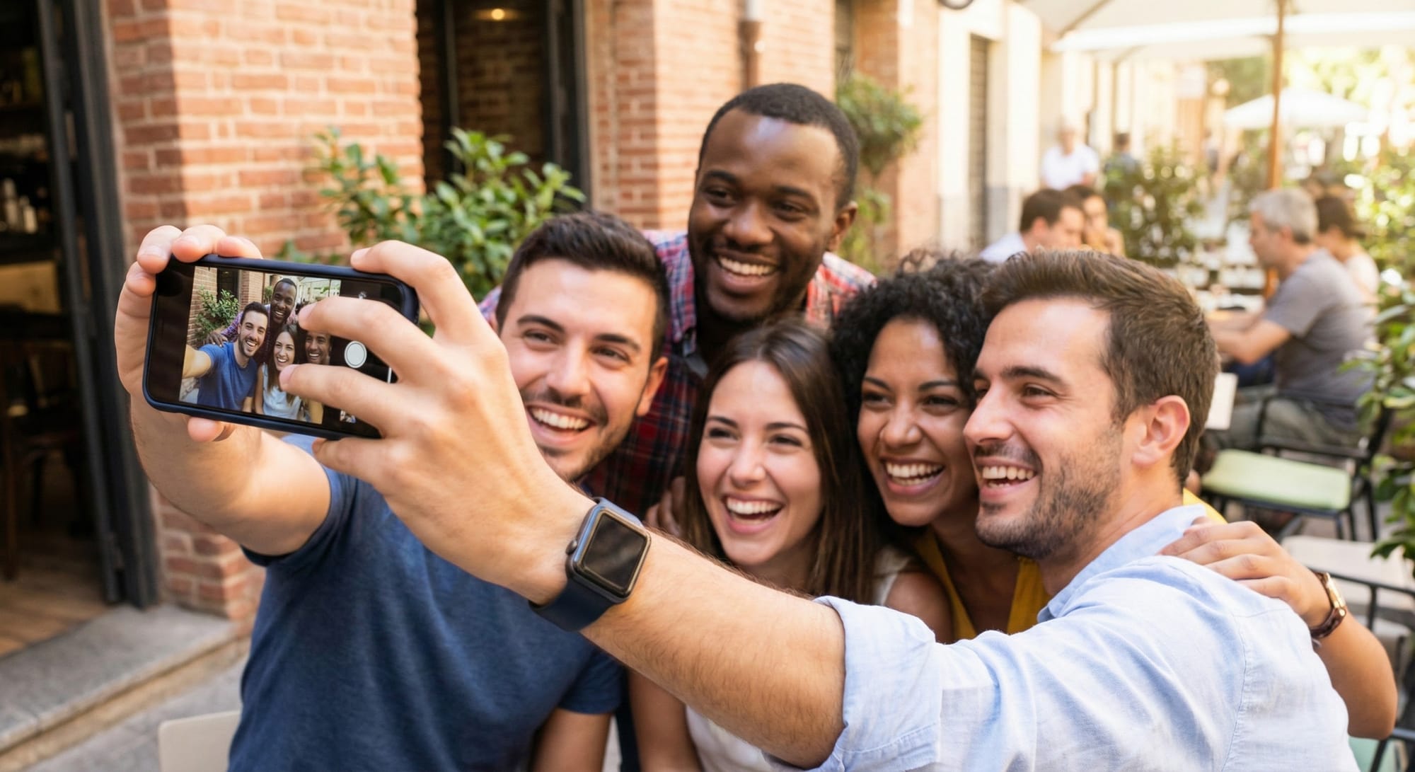 Selfie of 5 friends, one person holding the phone, phone-holding hand visible, everyone smiling, phone screen showing the same photo, photorealistic