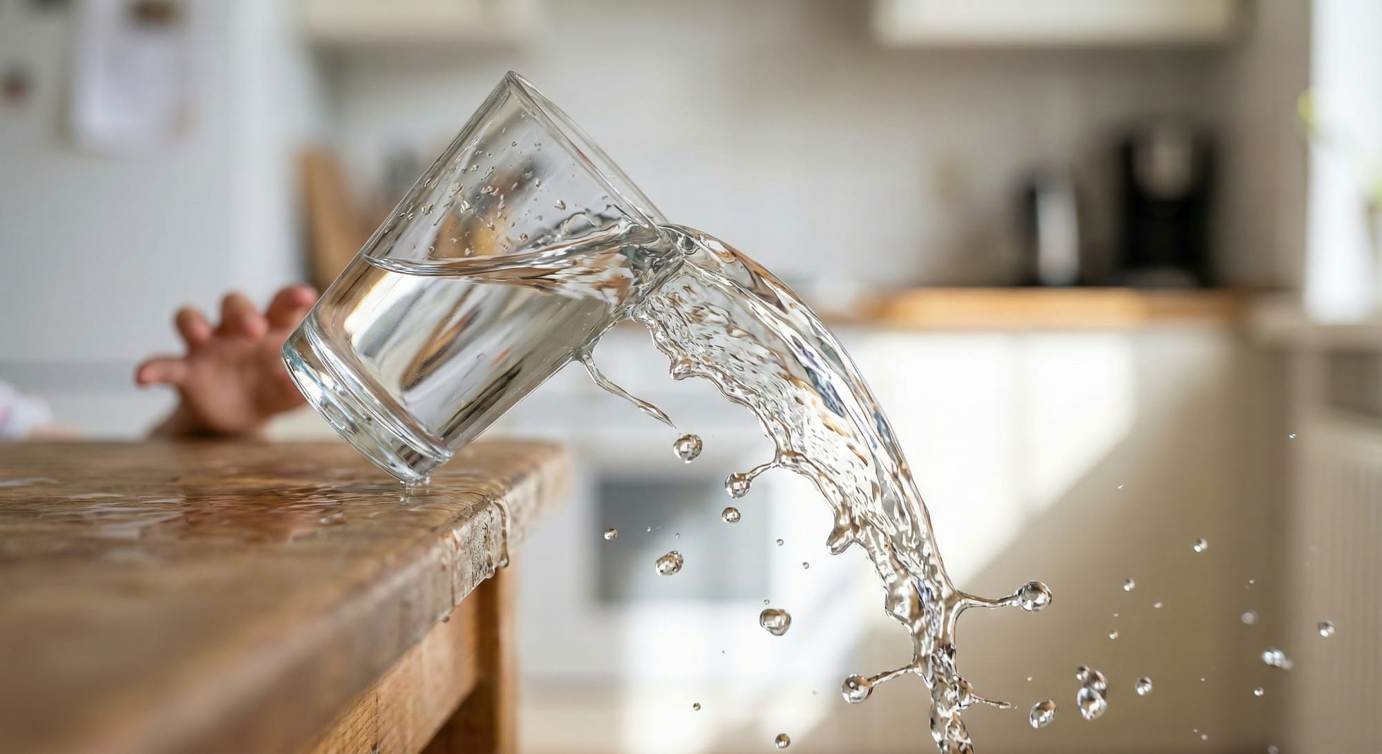 A glass of water is seen being accidentally knocked off the edge of a table, with the clear liquid beginning to spill out as it descends. Water splashes freely downward, and multiple droplets are visibly suspended in mid-air, frozen in time by the camera. The precise moment of the fall is perfectly captured, emphasizing the sudden motion and fluid dynamics. This scene is rendered in a photorealistic manner, utilizing high-speed photography techniques to highlight the clarity and intricate details. Displayed in ultra-sharp 8k resolution, every aspect—from the shimmering droplets to the transparent glass—is recorded with exceptional definition and realism.