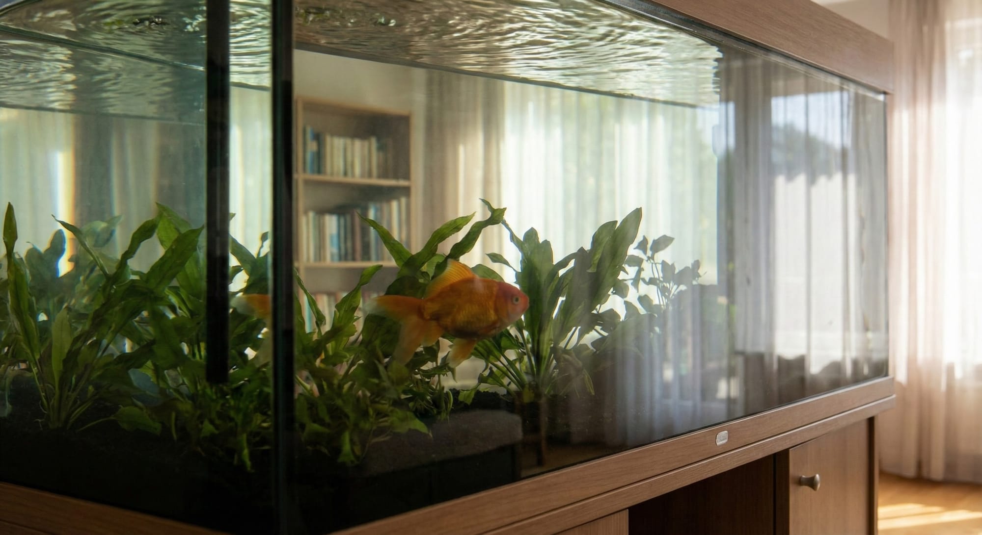 Aquarium with a goldfish, water refracting the view behind the glass, fish partially behind aquatic plants, photorealistic, home setting
