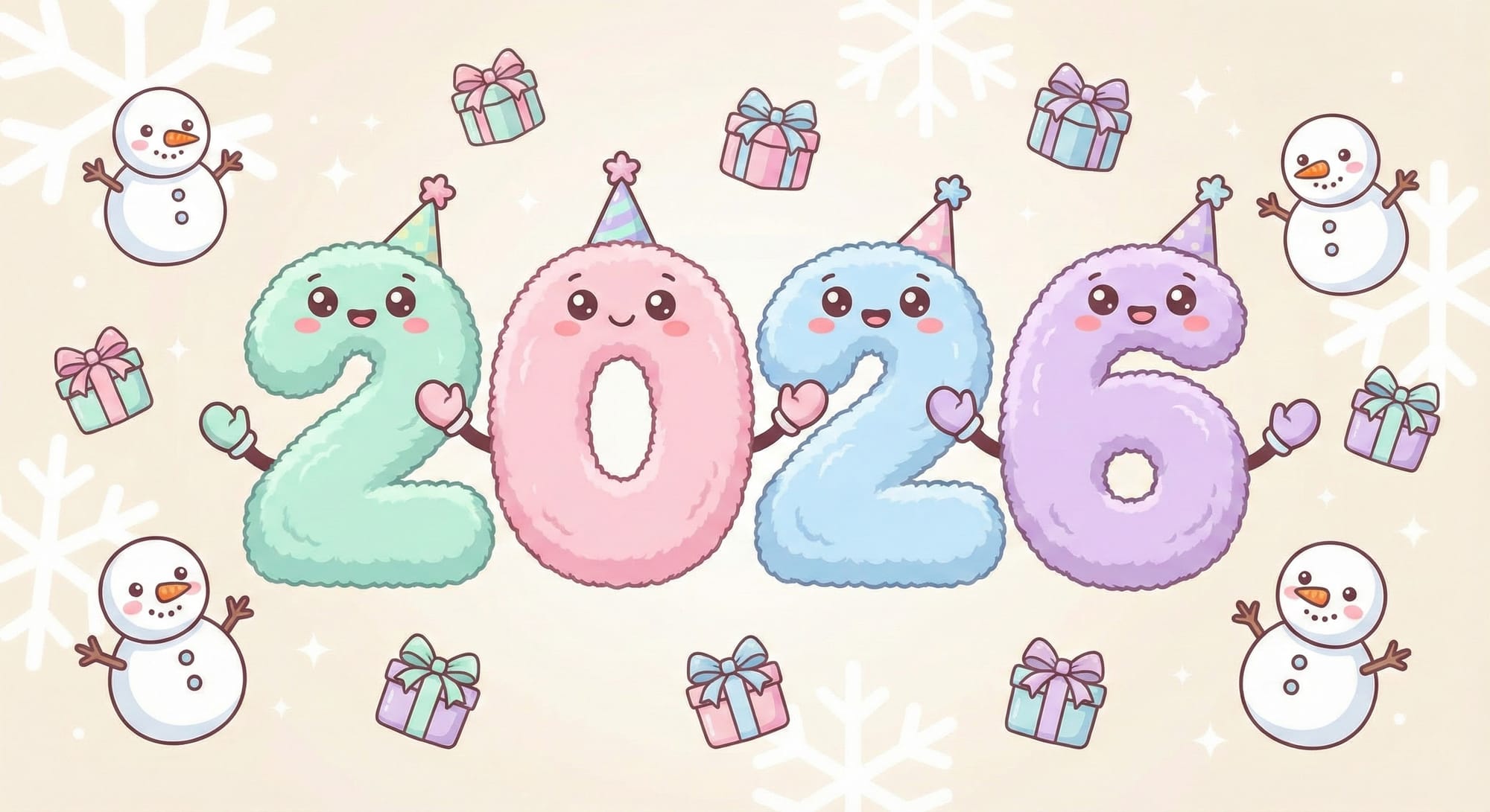 Cute cartoon New Year 2026 greeting card