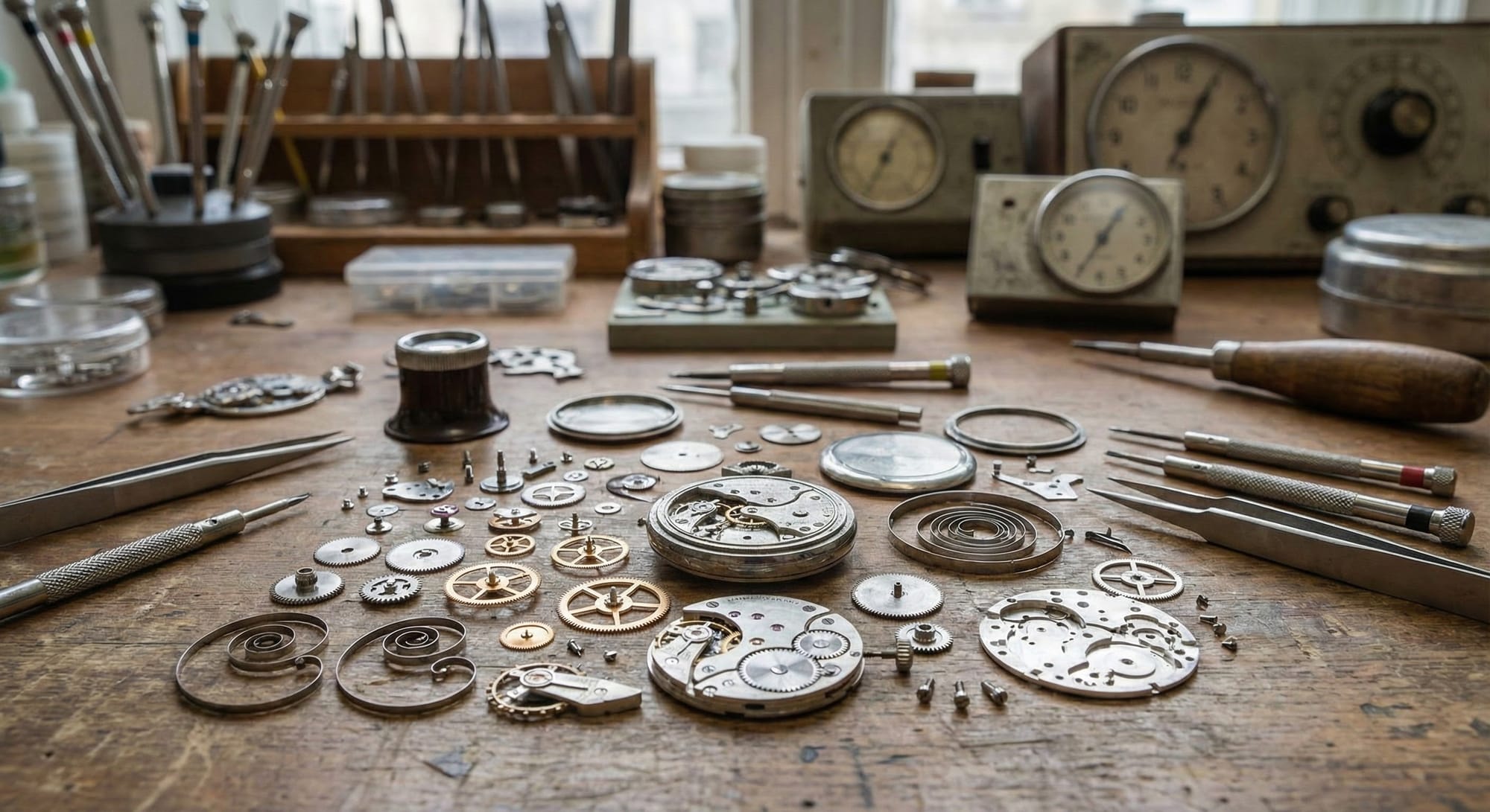 Disassembled mechanical watch, all gears and components laid out on a table, each part detailed, macro photography, watchmaker's workshop