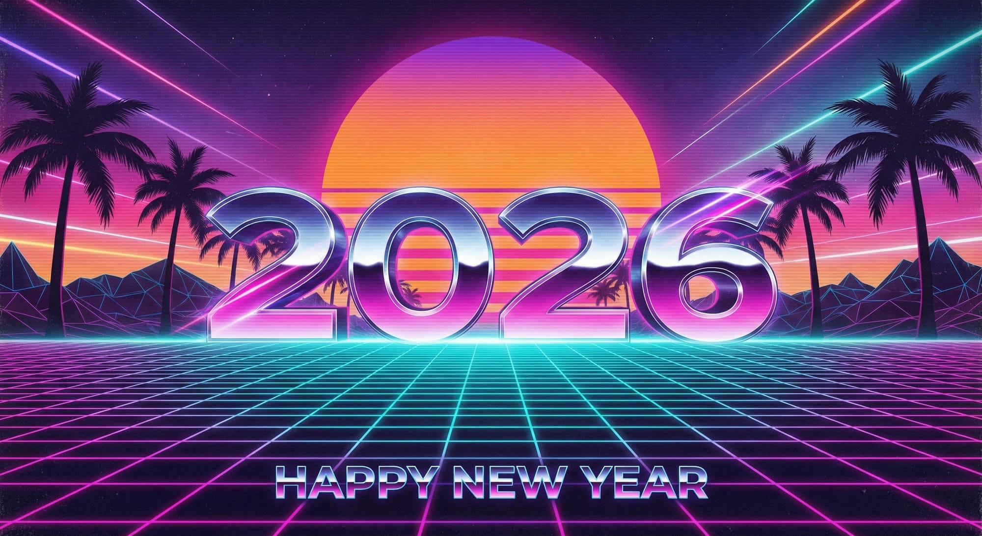 Synthwave New Year 2026 postcard