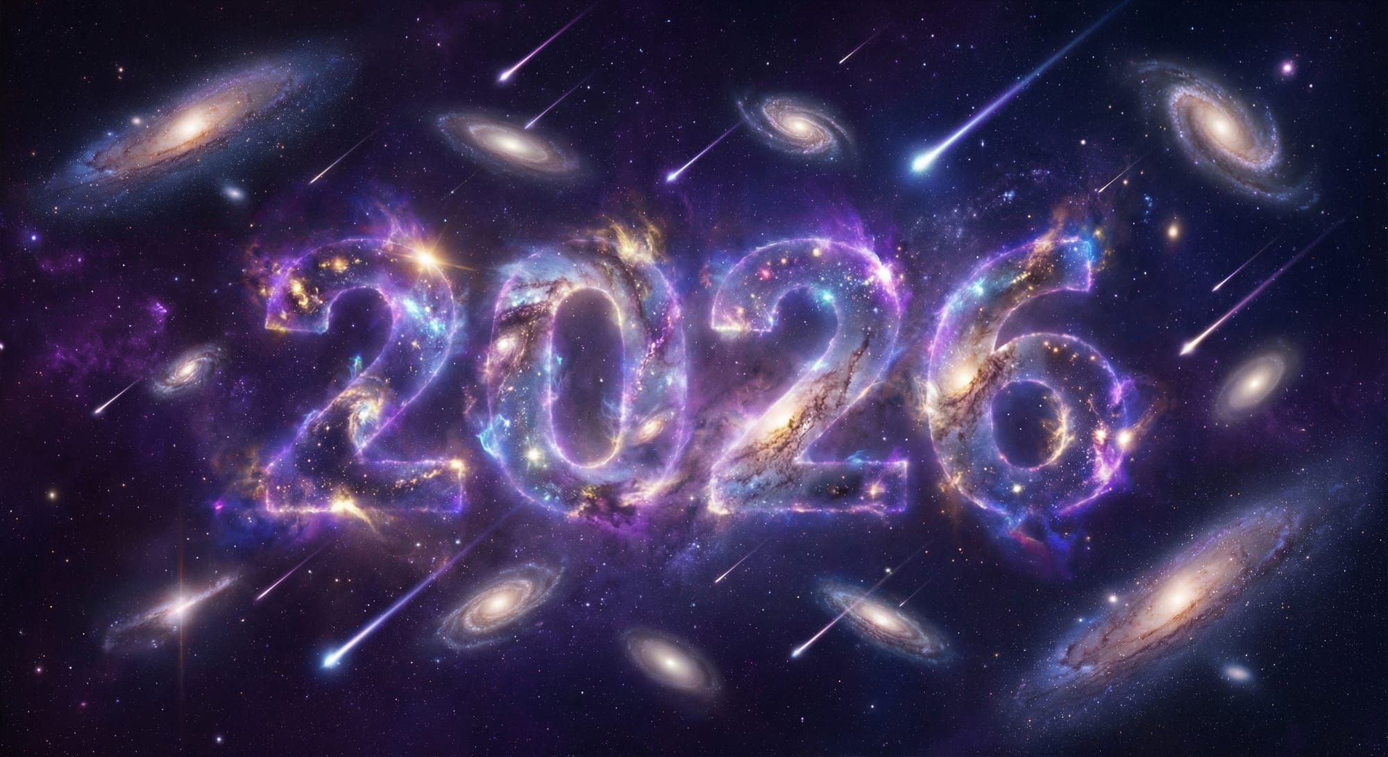 “Surreal cosmic New Year greeting,&nbsp;2026&nbsp;floating in the middle of deep space, made of glowing nebula clouds and stars, galaxies swirling around, shooting stars, purple and blue color scheme with bright accents, cinematic wide-angle composition, ultra detailed astrophotography style, 8K, highly polished, magical and inspirational mood”