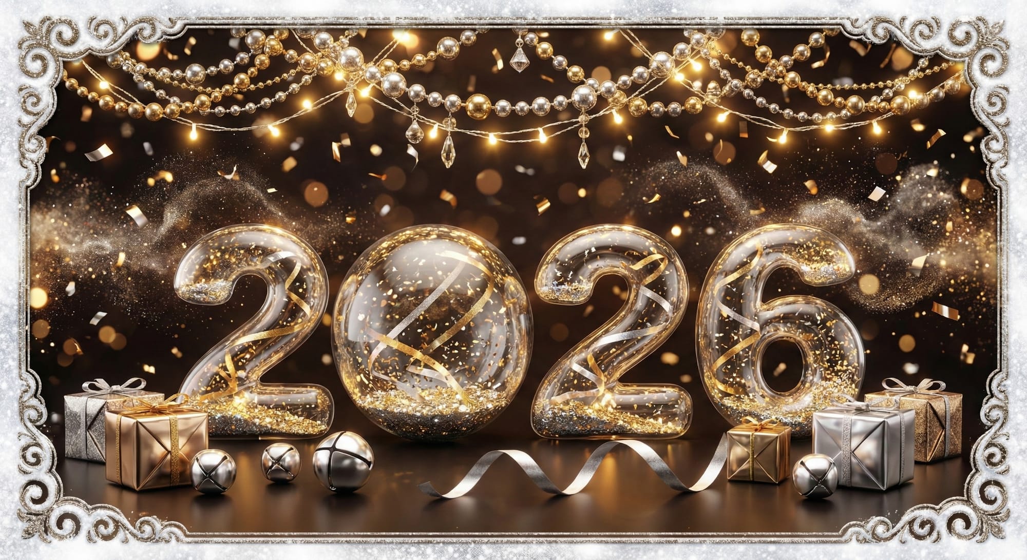 “Huge icy ‘2026’ typography carved from glowing frost-blue ice, with micro-cracks, frozen petals, and refracted light beams inside. Foreground: ultra-detailed snowflakes on the lens, partially blurred for depth. Pine needles with frost crystals on lower corners, creating a natural frame. Top: snowy wooden plank with hanging lanterns and a garland of tiny warm lights. Background: dreamy winter forest in soft blur with floating particles. Crisp highlights, volumetric frost, magical cold ambience.”