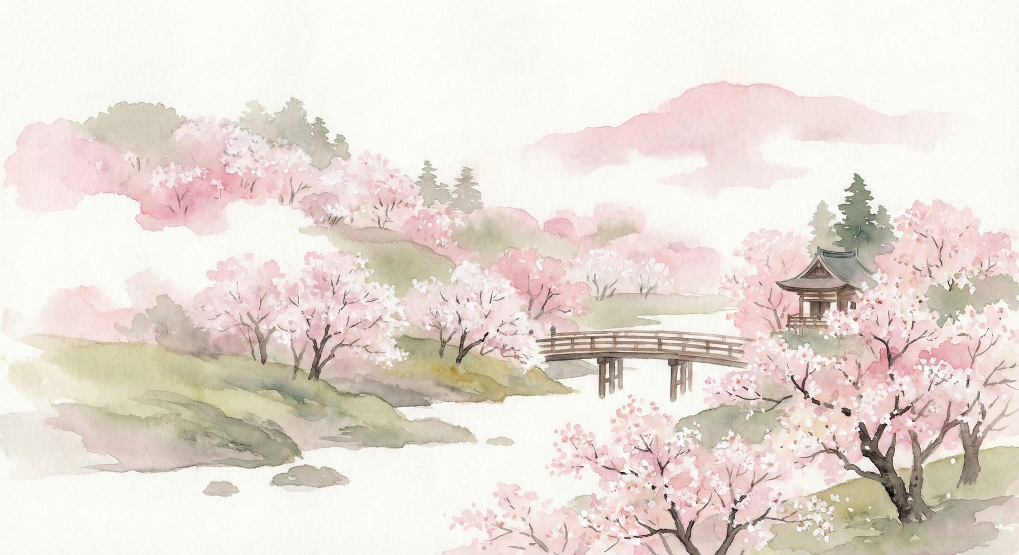 Landscape with blooming cherry blossoms in Japanese watercolor style, soft color transitions, white paper areas showing through, traditional technique