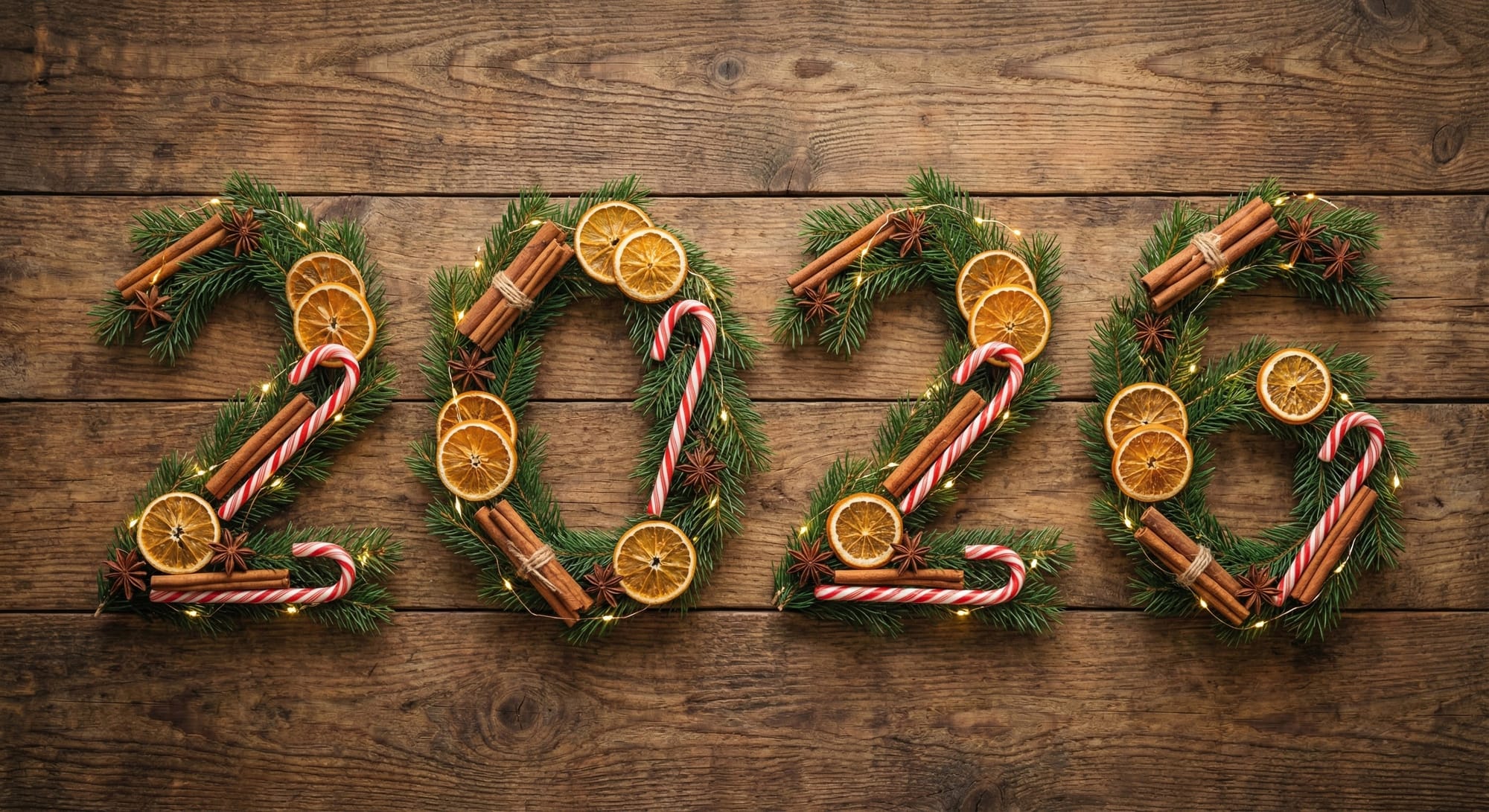 “Creative flat lay New Year 2026 greeting card, top-down photography,&nbsp;2026&nbsp;formed from real objects on a wooden table: fir branches, cinnamon sticks, dried oranges, candy canes, star anise, fairy lights, warm cozy color palette, soft natural daylight, shallow depth of field, very detailed textures, lifestyle editorial look, 8K ultra high resolution”