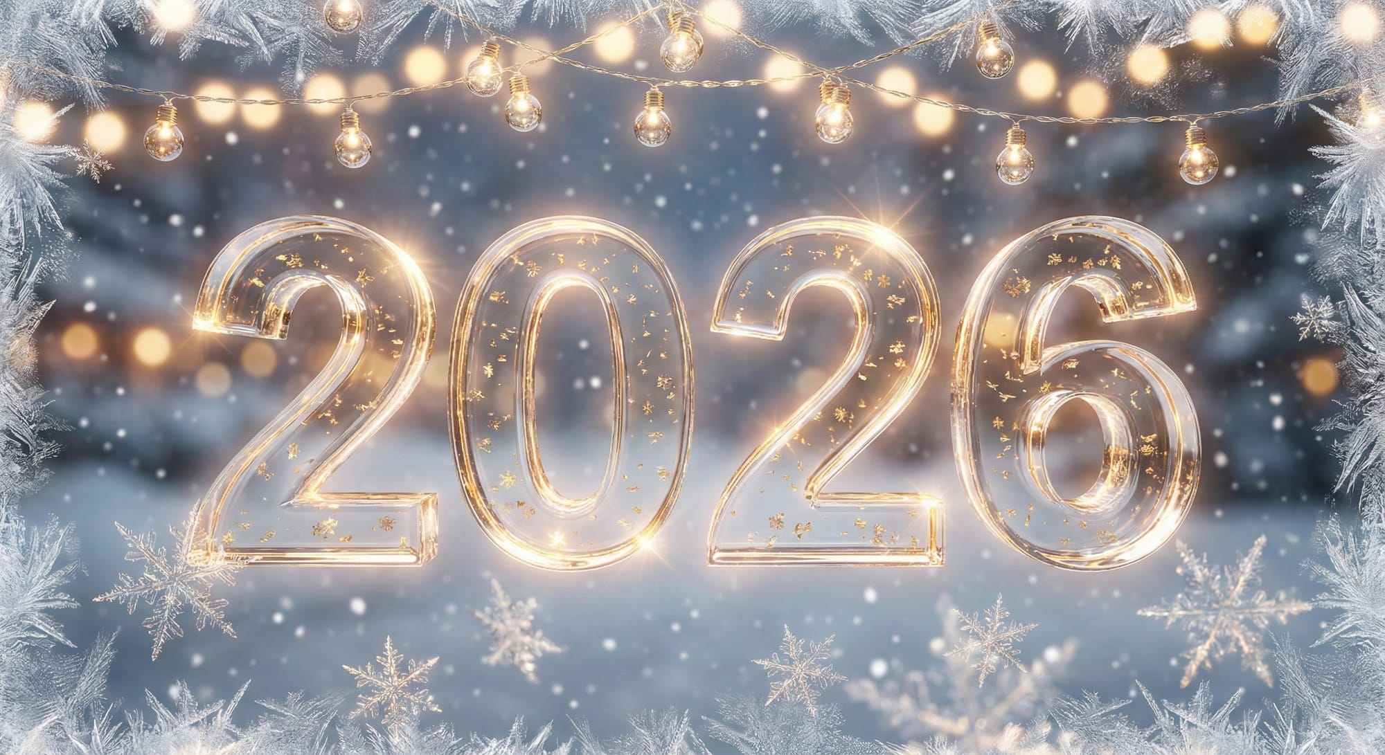 “Ultra-premium holiday postcard. In the center: giant luminous typography ‘2026’ crafted from crystal-clear glass with golden micro-flakes suspended inside. Super-sharp refractions and soft glow. Front layer: delicate snowflakes in perfect macro detail drifting past the camera. Edges of the image are decorated with frosted ornamental ice patterns forming an elegant frame. Top of the composition: a stylish warm-white garland with tiny glass bulbs reflecting the digits. Background: soft winter bokeh, distant warm lights, gentle snowfall. Depth of field, cinematic glow, ultra-detailed textures, luxurious festive mood.”