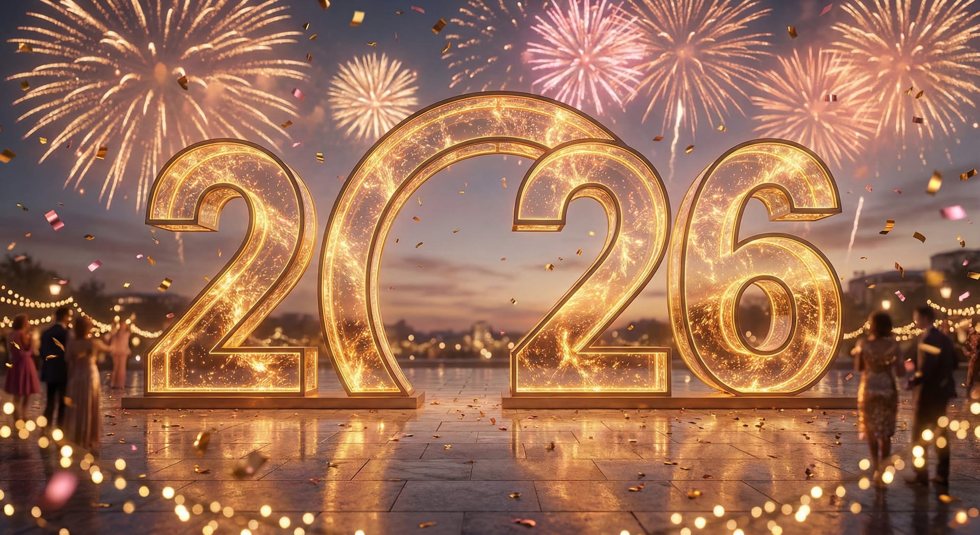 “Massive glowing ‘2026’ typography standing like a luminous festive archway, made of golden glass with sparks trapped inside. Surrounding the numbers: fireworks bursting in slow motion, soft falling confetti, reflections on polished ground. Warm golden–pink color palette, bright holiday lights, luxury celebratory mood. High-resolution, editorial postcard style, perfect for New Year banners and articles.”