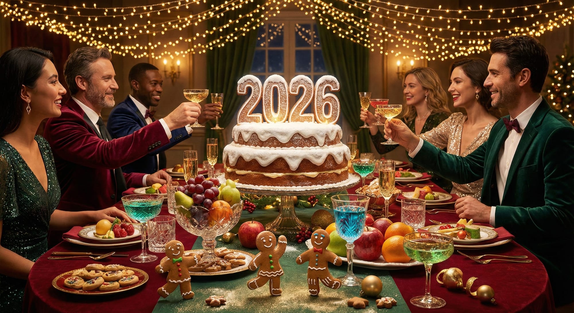 Glistening banquet table loaded with futuristic holiday cuisine—crystal fruit, glowing drinks, animated gingerbread, center stage is a towering cake formed into “2026” dusted in glittering snow. Guests in velvet suits and shimmering dresses raise glasses, golden string lights twinkle above, photoreal realism with painterly strokes, lush colors, tactile textures, ultra-sharp details.