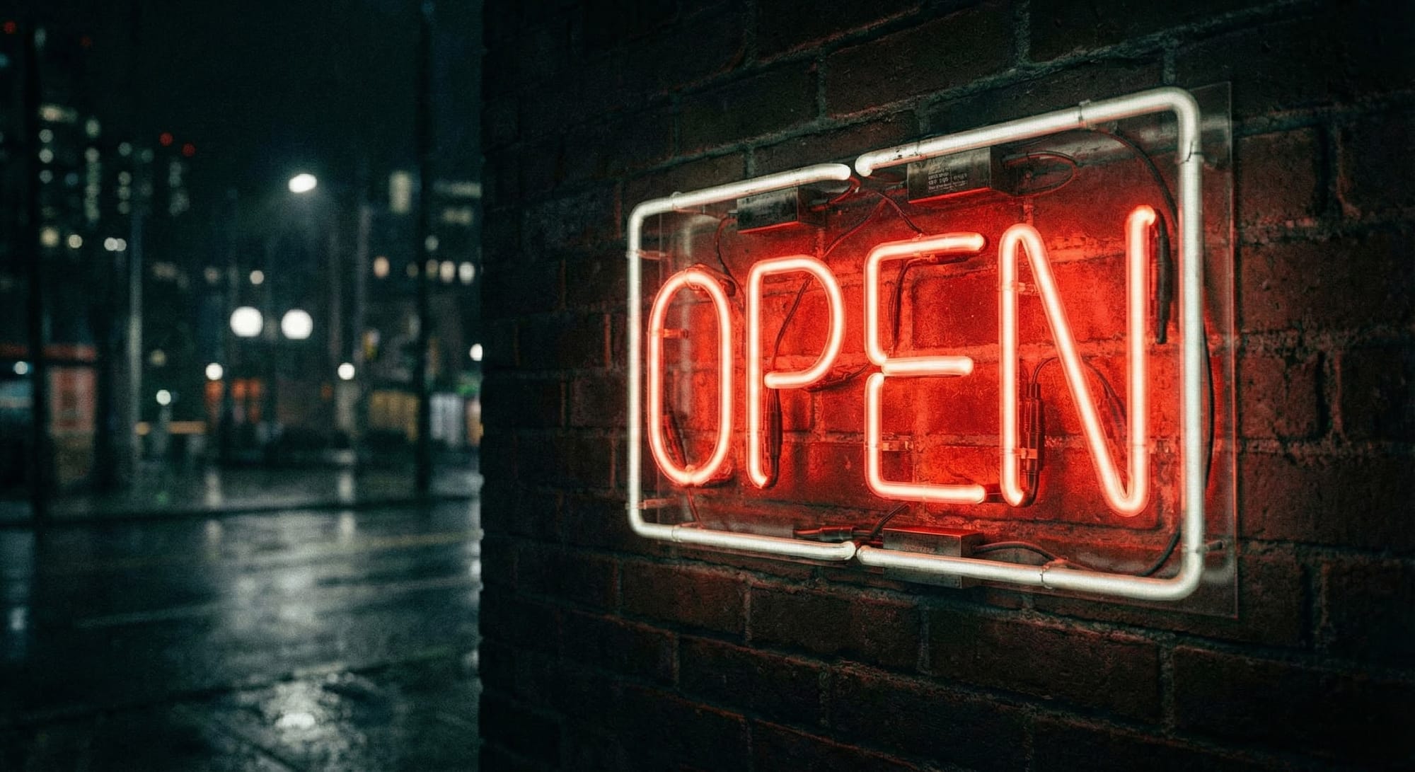 Neon sign reading 'OPEN' against a dark background, glowing red letters, photorealistic, night scene