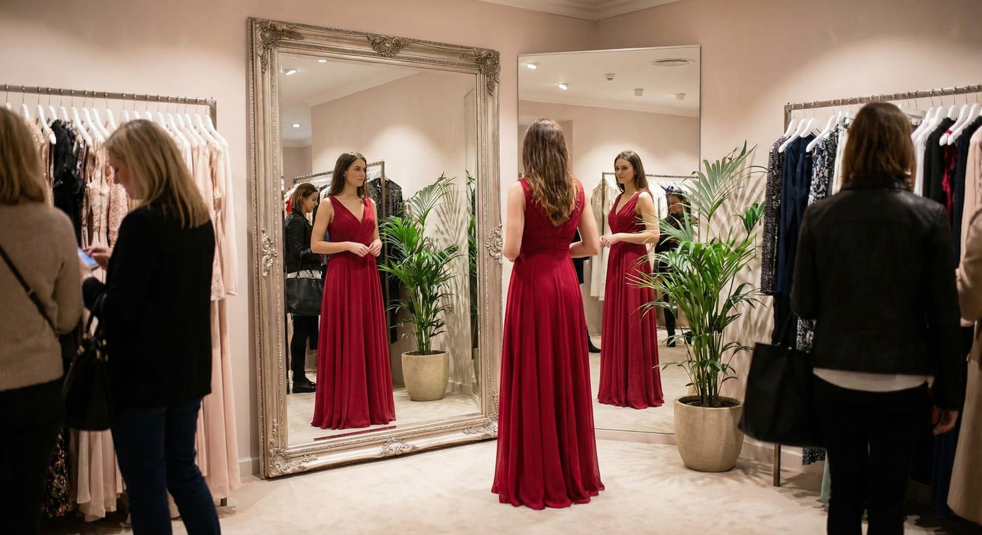 Woman standing in front of a large mirror wearing a red dress, full reflection visible, photorealistic, boutique setting