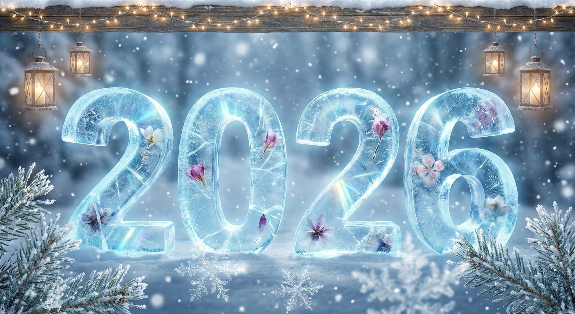 “Huge icy ‘2026’ typography carved from glowing frost-blue ice, with micro-cracks, frozen petals, and refracted light beams inside. Foreground: ultra-detailed snowflakes on the lens, partially blurred for depth. Pine needles with frost crystals on lower corners, creating a natural frame. Top: snowy wooden plank with hanging lanterns and a garland of tiny warm lights. Background: dreamy winter forest in soft blur with floating particles. Crisp highlights, volumetric frost, magical cold ambience.”