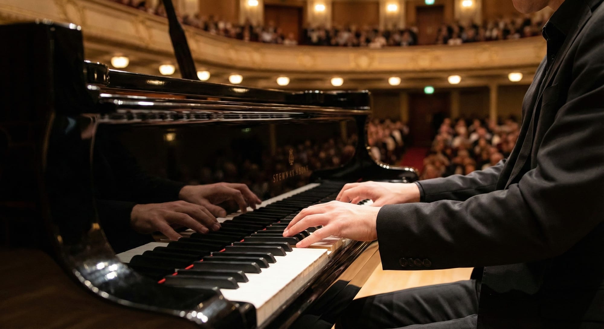 Pianist playing a grand piano, both hands visible on keys, fingers pressing different keys, concert hall setting, photorealistic
