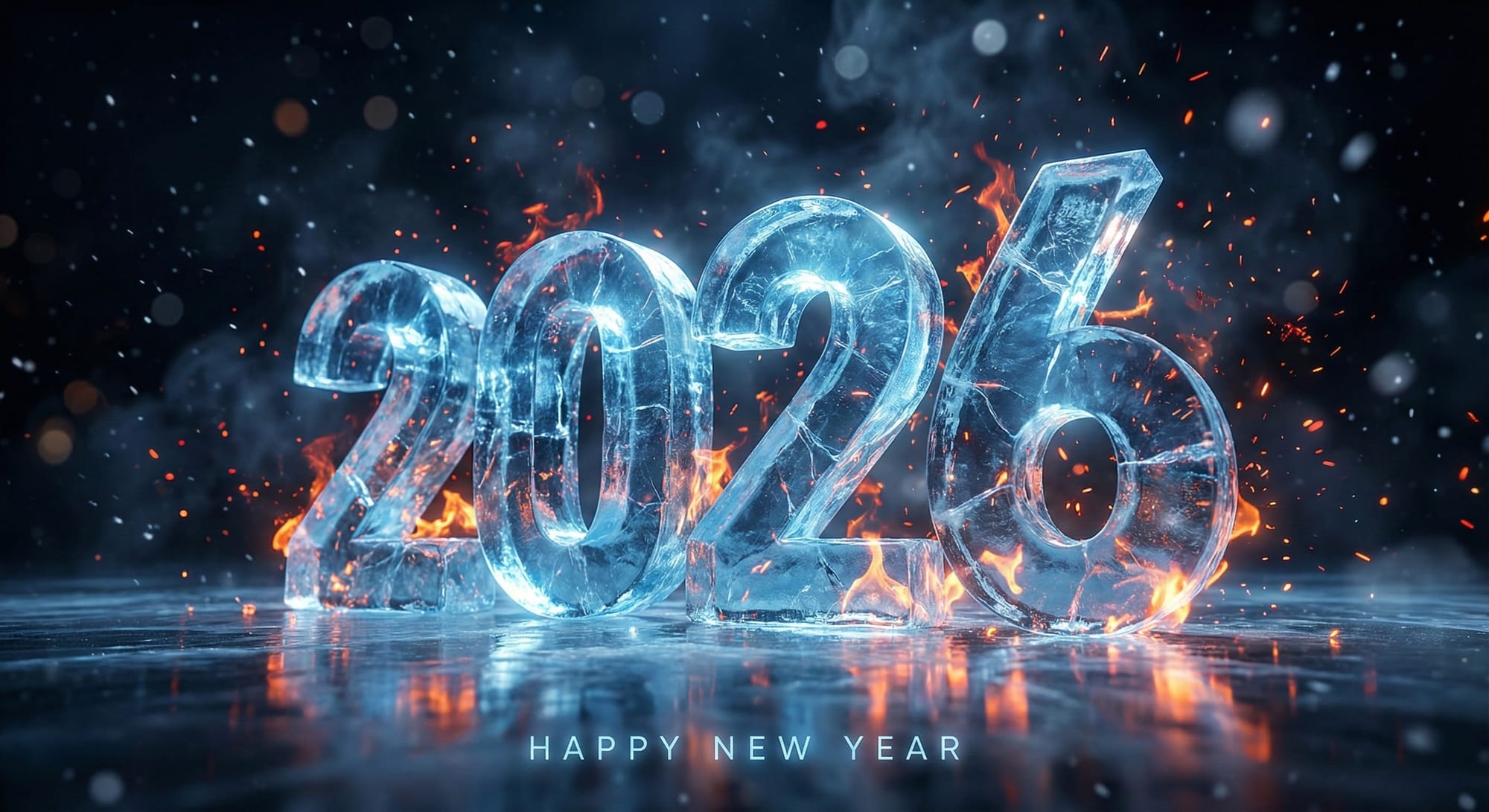 “Epic 3D New Year card, central&nbsp;2026&nbsp;sculpted from transparent ice with internal blue light, surrounded by flying sparks and small flames, dark cinematic background, particles in the air, dramatic rim lighting, ultra realistic reflections and refractions, high contrast, ultra detailed 8K render, dynamic camera angle, dramatic yet festive mood”