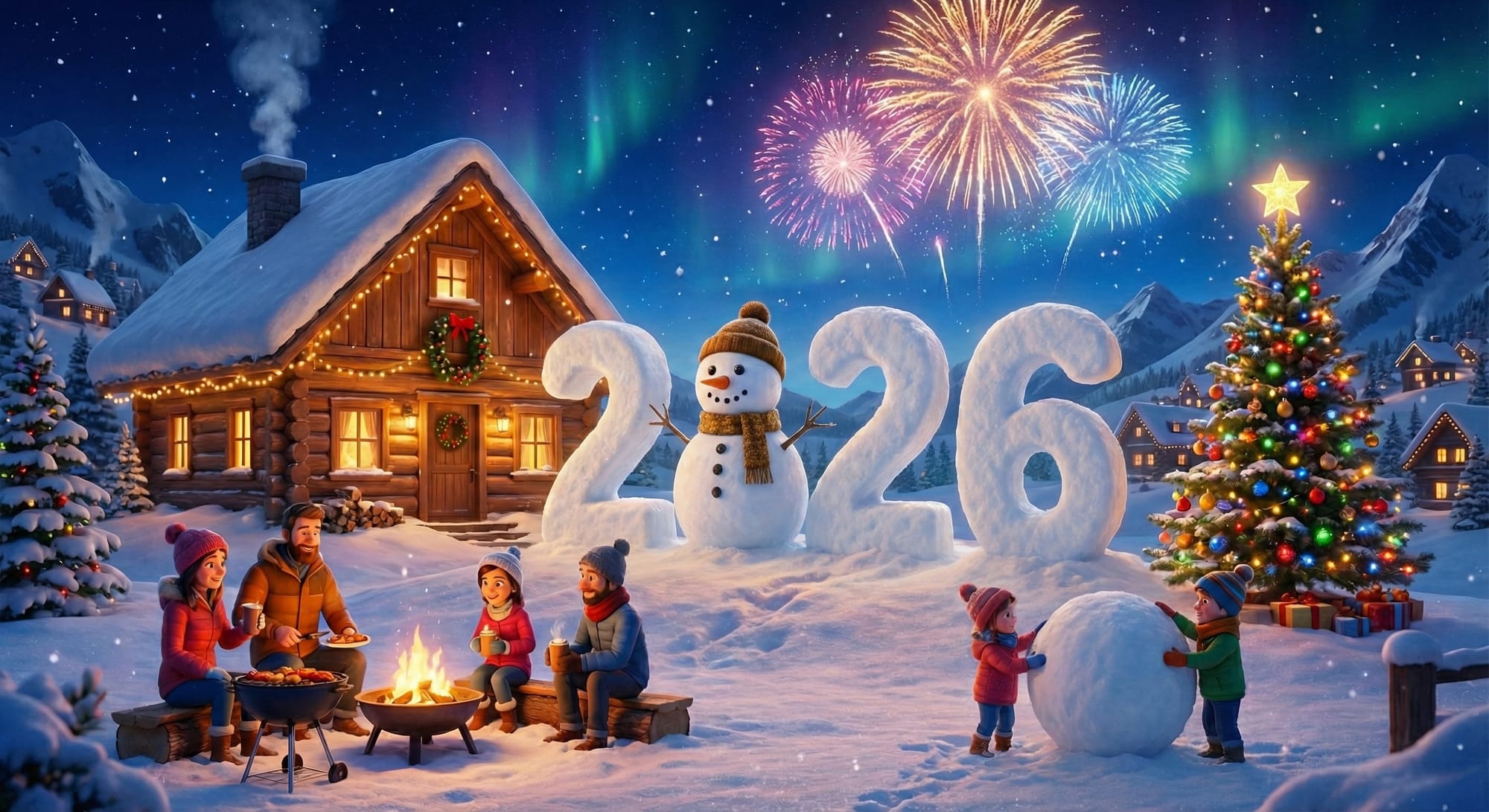 Cozy cinematic 3D winter night New Year scene 2026