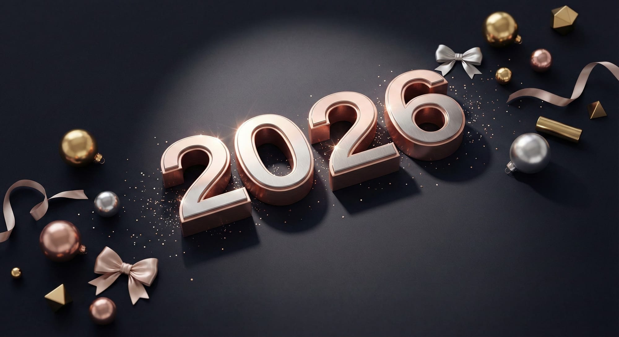 Luxurious minimalist holiday card, central bold ‘2026’ in thick 3D typography, fully covered in reflective rose gold and brushed metal texture, placed on a soft matte dark background (deep navy or charcoal), surrounded by scattered metallic ornaments in gold, silver and rose gold, delicate ribbons and bows, subtle sparkles of light on the metal edges, soft spotlight focused on the 2026 creating elegant shadows, lots of negative space for a premium feel, refined color palette with warm metallic tones, ultra-clean composition, 8K high resolution, looks like a high-end jewelry or perfume campaign, sophisticated and elegant, designed to stand out as a luxury New Year greeting.