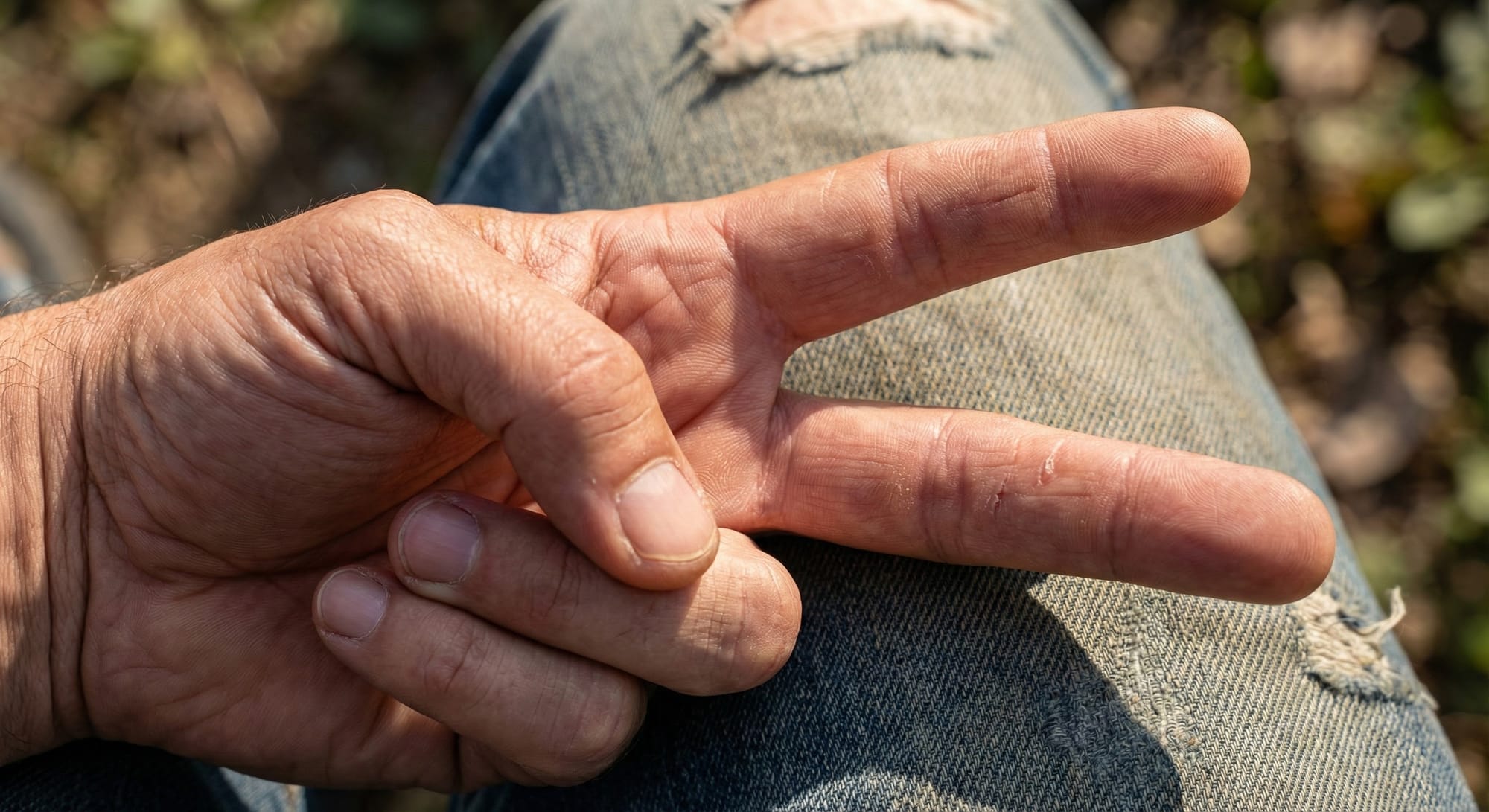 Person showing the peace sign (Victory sign) with two fingers, remaining fingers curled into fist, close-up of hand, photorealistic, 8K resolution