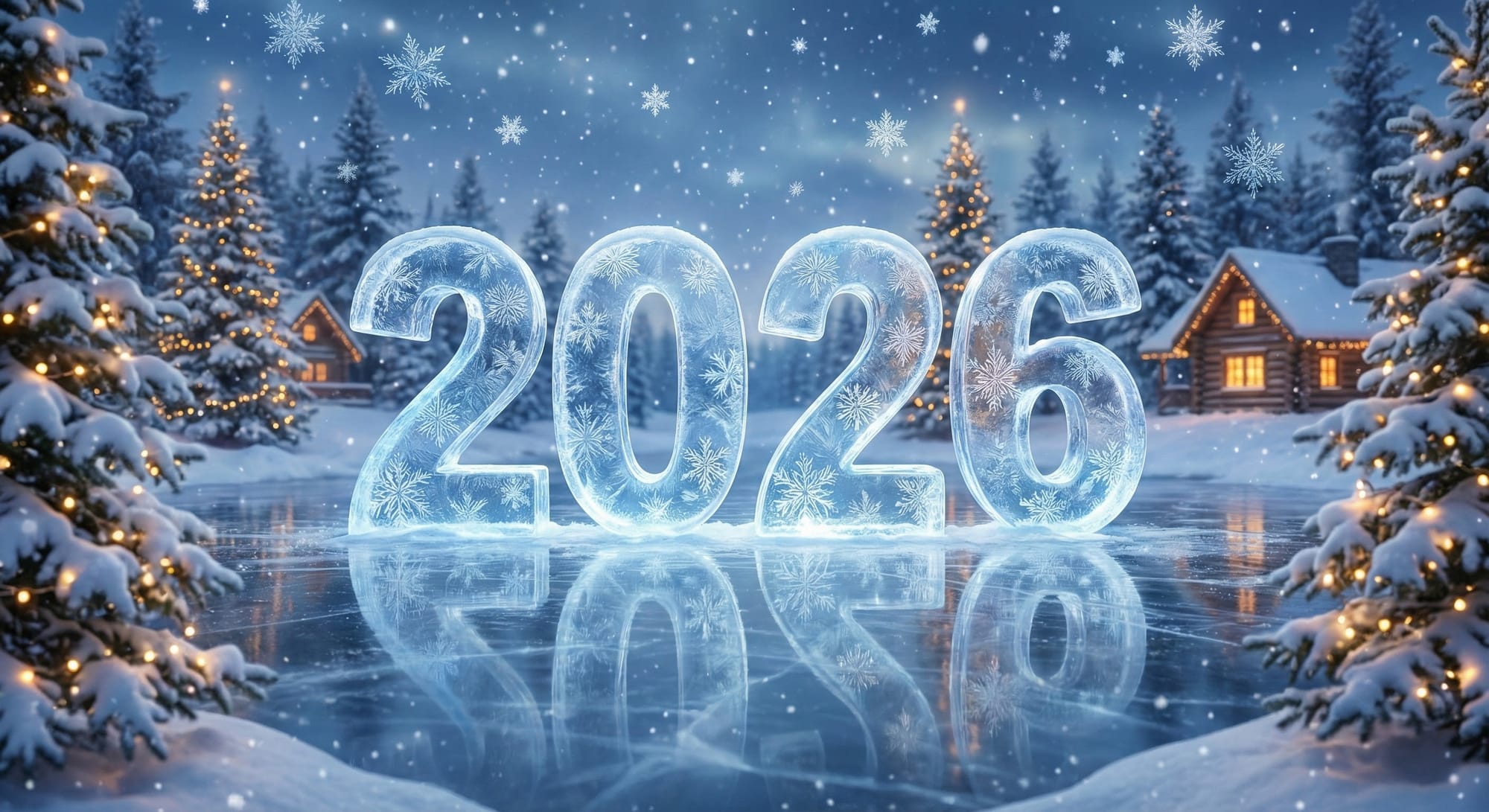 Prompt: “Magical winter wonderland New Year card, central ‘2026’ sculpted entirely from clear ice and delicate frost patterns, every surface covered in tiny detailed snowflake engravings, softly glowing from within with cool blue and white light, placed on a frozen lake that reflects the numbers like a mirror, surrounded by snow-covered fir trees with fairy lights, gentle snowfall of crystalline flakes, distant cozy cabins with warm windows, subtle golden bokeh lights in the background, dreamy depth of field, mix of photorealism and painterly softness, cold blue palette with warm accents, 8K resolution, ultra crisp details on snow, ice crystals and frosty textures, serene yet festive mood.”