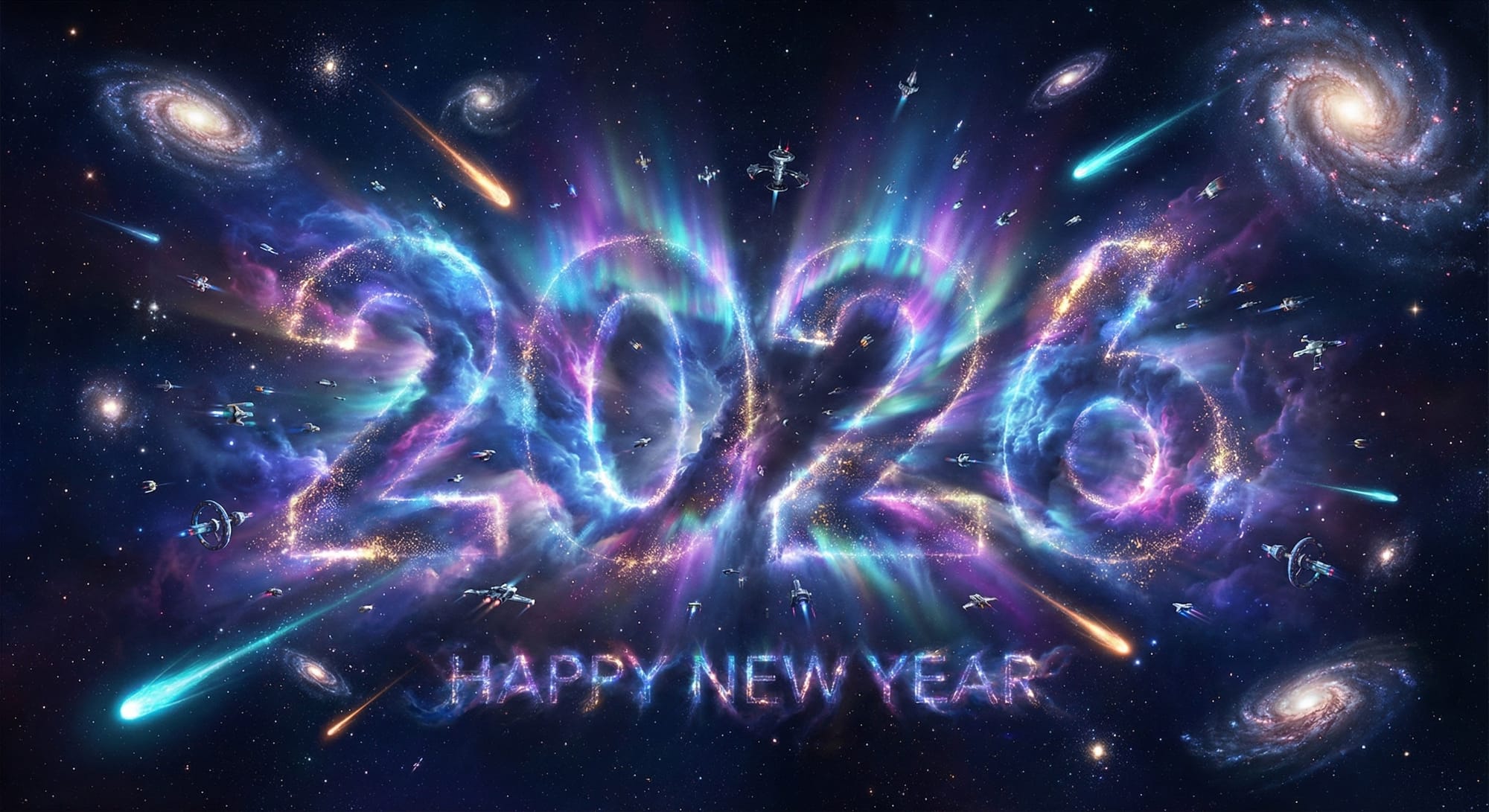 Prompt: “Epic cosmic New Year card, gigantic luminous ‘2026’ floating in deep space, carved from glowing nebula gas and stardust, edges shimmering with iridescent colors, surrounded by swirling galaxies, star clusters, and bright comets leaving long light trails, subtle aurora-like waves wrapping around the numbers, small futuristic space stations and tiny spacecraft orbiting the 2026 as if it’s a festive space monument, rich blues, purples and magentas with bright cyan highlights, cinematic contrast, volumetric light beams cutting through cosmic dust, ultra wide-angle composition with 2026 in the center, 8K ultra-detailed space art, designed to look majestic, mysterious and extremely shareable on social media.”​