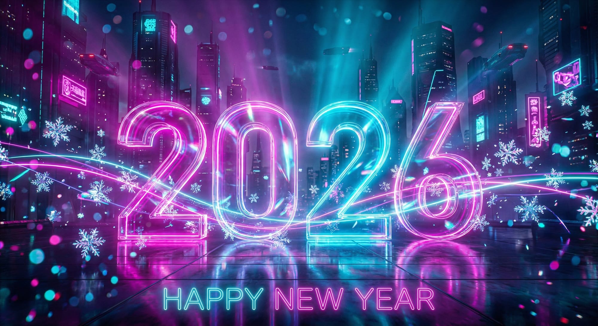 “Ultra-detailed New Year greeting card, the number 2026 in the exact center as giant glowing glass digits, surrounded by holographic snowflakes, neon light trails, cyberpunk city skyline in the background, vivid magenta and cyan color palette, bokeh lights, reflective floor, volumetric godrays, cinematic composition, ultra realistic, 8K, hyper detailed, high contrast, sharp focus, festive atmosphere”