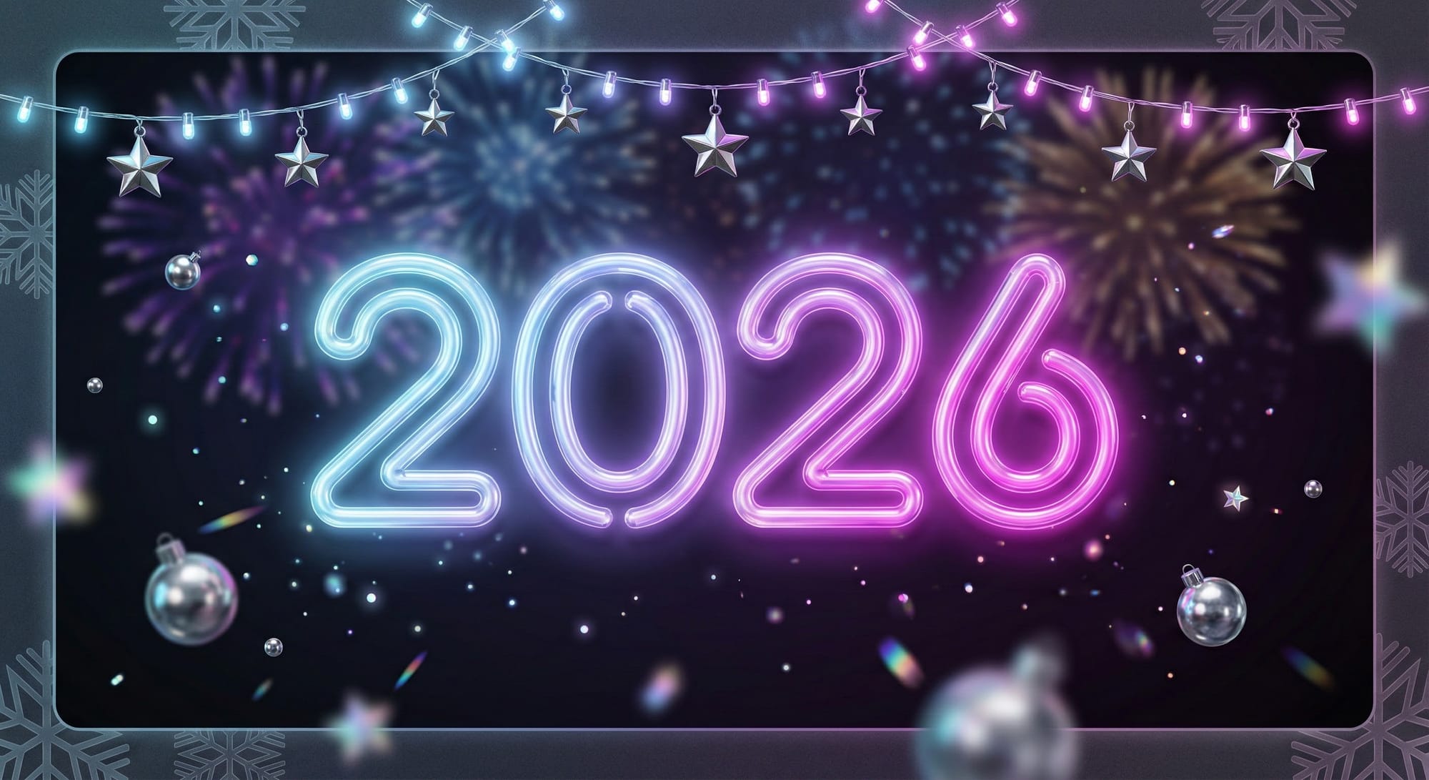 “Striking modern holiday postcard. Central neon ‘2026’ made of glowing glass tubes with color transitions from icy blue to magenta, radiating soft bloom. Foreground: floating particles, sparkles, small reflective ornaments half-blurred for depth. Edges: subtle frosted border with geometric snowflake motifs. Upper frame: stylish neon garland with micro LEDs and reflective chrome stars. Background: dark gradient with fireworks softly exploding in bokeh, creating layered depth and shine.”