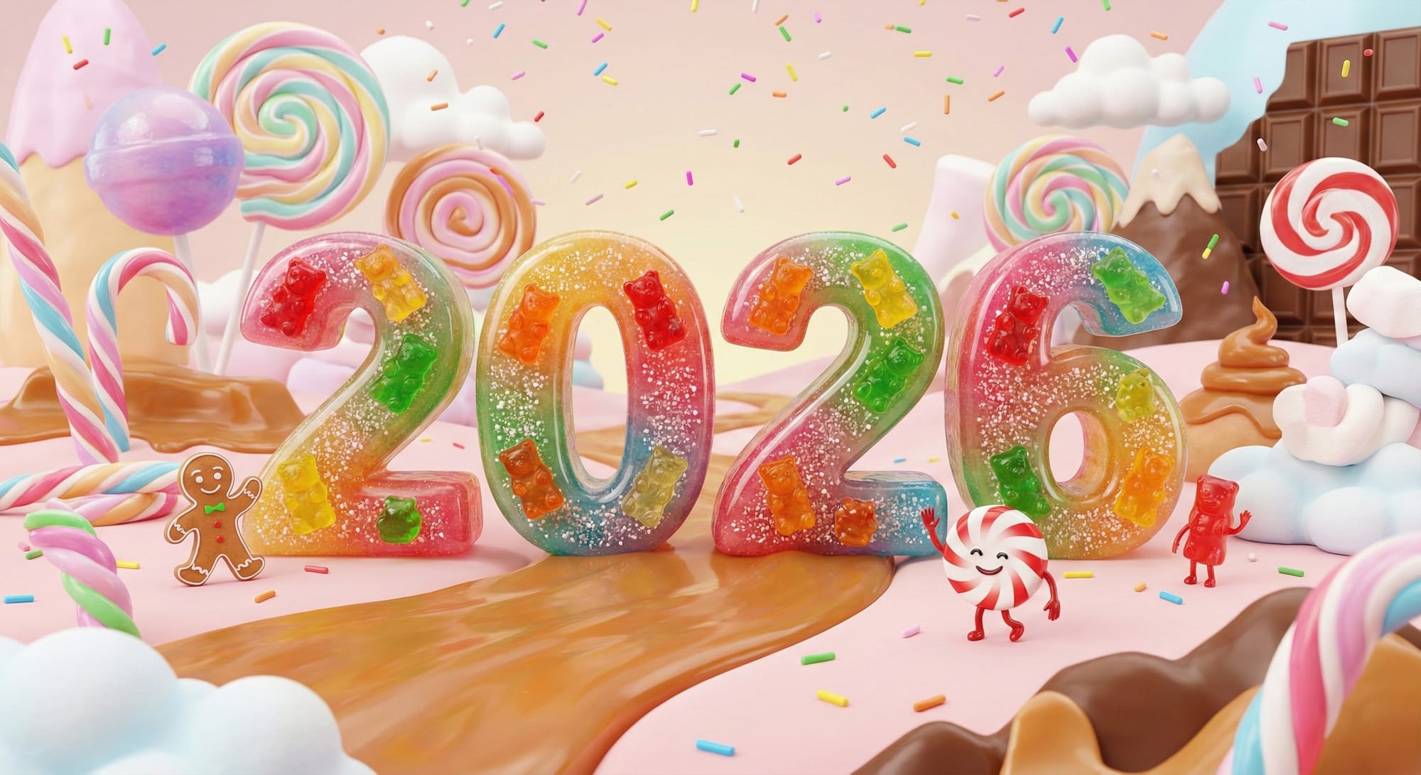 Ultra-detailed New Year greeting card, central glossy 3D ‘2026’ made of translucent gummy candy, each number filled with tiny sparkling sugar crystals and embedded gummy bears, surrounded by a lush landscape of oversized lollipops, candy canes, chocolate bars, marshmallows and caramel rivers, vibrant saturated pastel colors, soft studio lighting with subtle reflections on candy surfaces, depth of field focusing on the 2026 digits, festive confetti made of sprinkles flying in the air, cute smiling candy characters celebrating around the numbers, highly polished render, 8K resolution, hyperrealistic yet whimsical, perfect for a viral Christmas and New Year candy world aesthetic.”