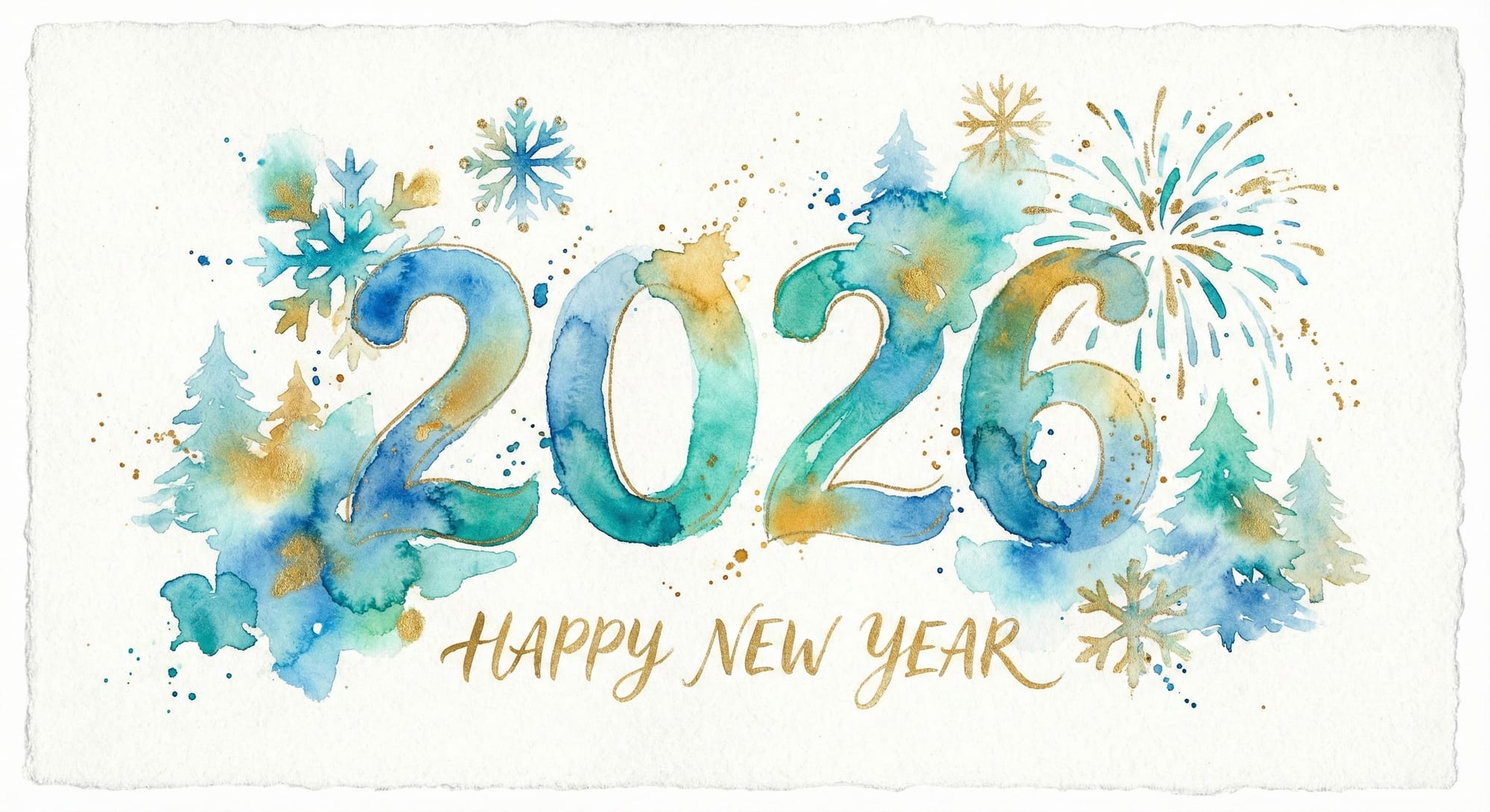 Prompt: “Artistic watercolor New Year greeting card, central ‘2026’ painted with expressive loose brushstrokes, numbers filled with gradient washes of blues, teals, and warm gold splashes, edges bleeding softly into the paper, surrounding abstract winter shapes: fluid snowflakes, soft trees, and shimmering splatters suggesting fireworks, visible watercolor paper texture and pigment granulation, subtle metallic gold ink accents around the digits, asymmetrical but balanced composition with lots of airy white space, hand-painted illustration vibe, 8K scan-level detail capturing every brushstroke and drop, modern, artistic, perfect for a creative, painterly holiday aesthetic.”
