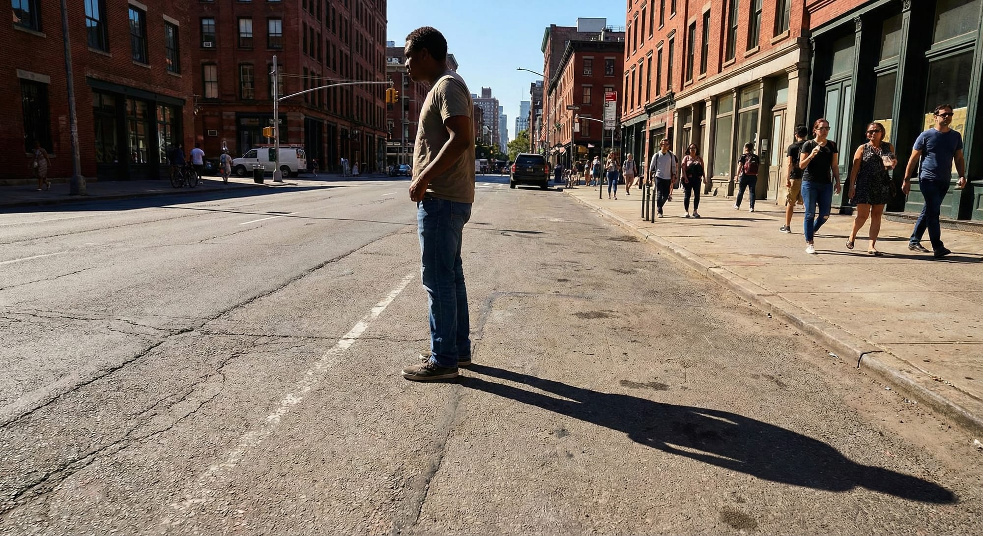 Person standing on a street on a sunny day, clear shadow cast on the asphalt, photorealistic, noon lighting