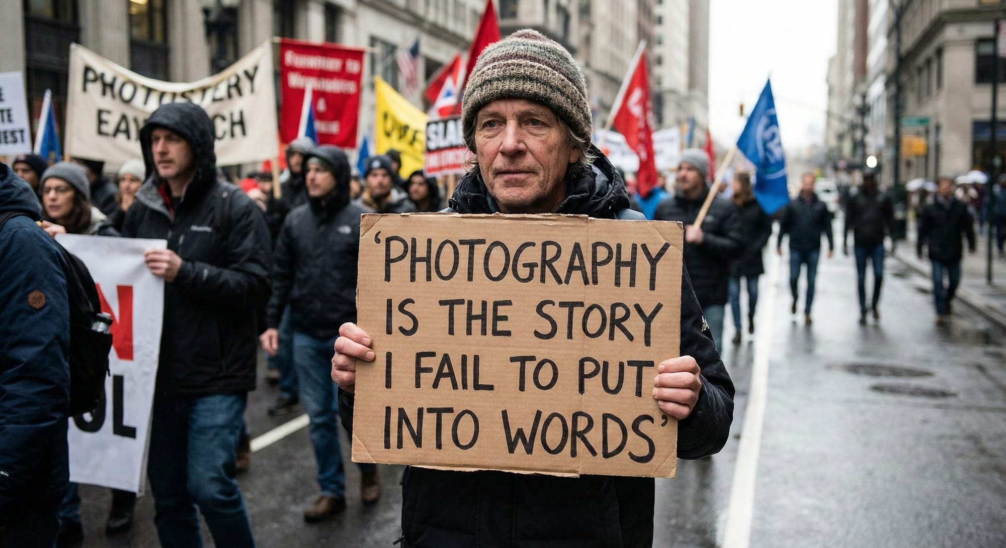 Person holding a protest sign reading: 'Photography is the story I fail to put into words', street demonstration, photorealistic, daytime