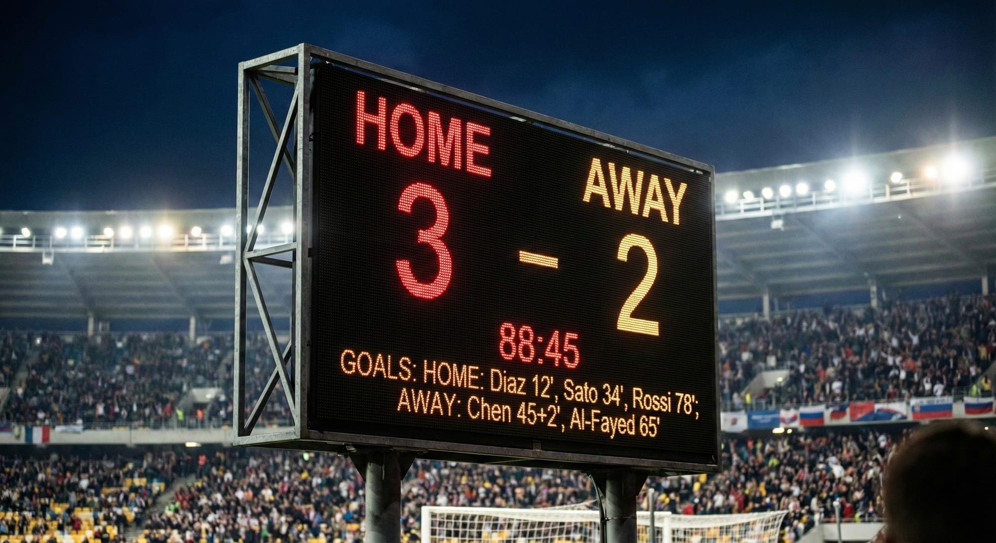 Stadium scoreboard displaying match score: HOME 3 — 2 AWAY, close-up shot, photorealistic, evening game