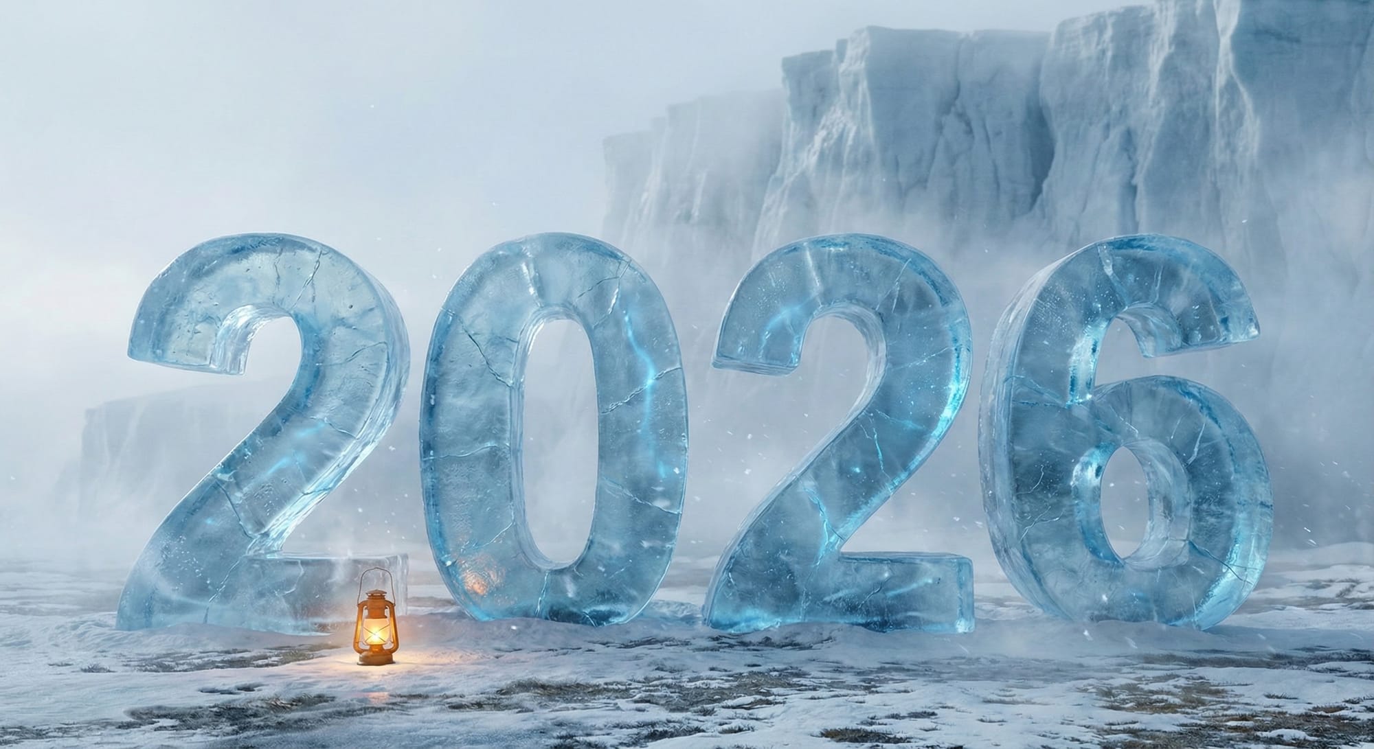 “Gigantic sculpted typography ‘2026’ made entirely of translucent glacier ice, with deep cracks, frozen air bubbles, and blue sub-surface glow. The numbers stand on a vast snowy tundra under pale morning light. Soft wind lifts tiny ice crystals into the air like glitter. Behind the frozen 2026 — towering cliffs of arctic ice partially lost in white fog. A lone warm-orange lantern near the ground adds a tiny human contrast. Ultra-cinematic still frame, hyperrealistic textures, cold desaturated palette, volumetric mist, static camera.”