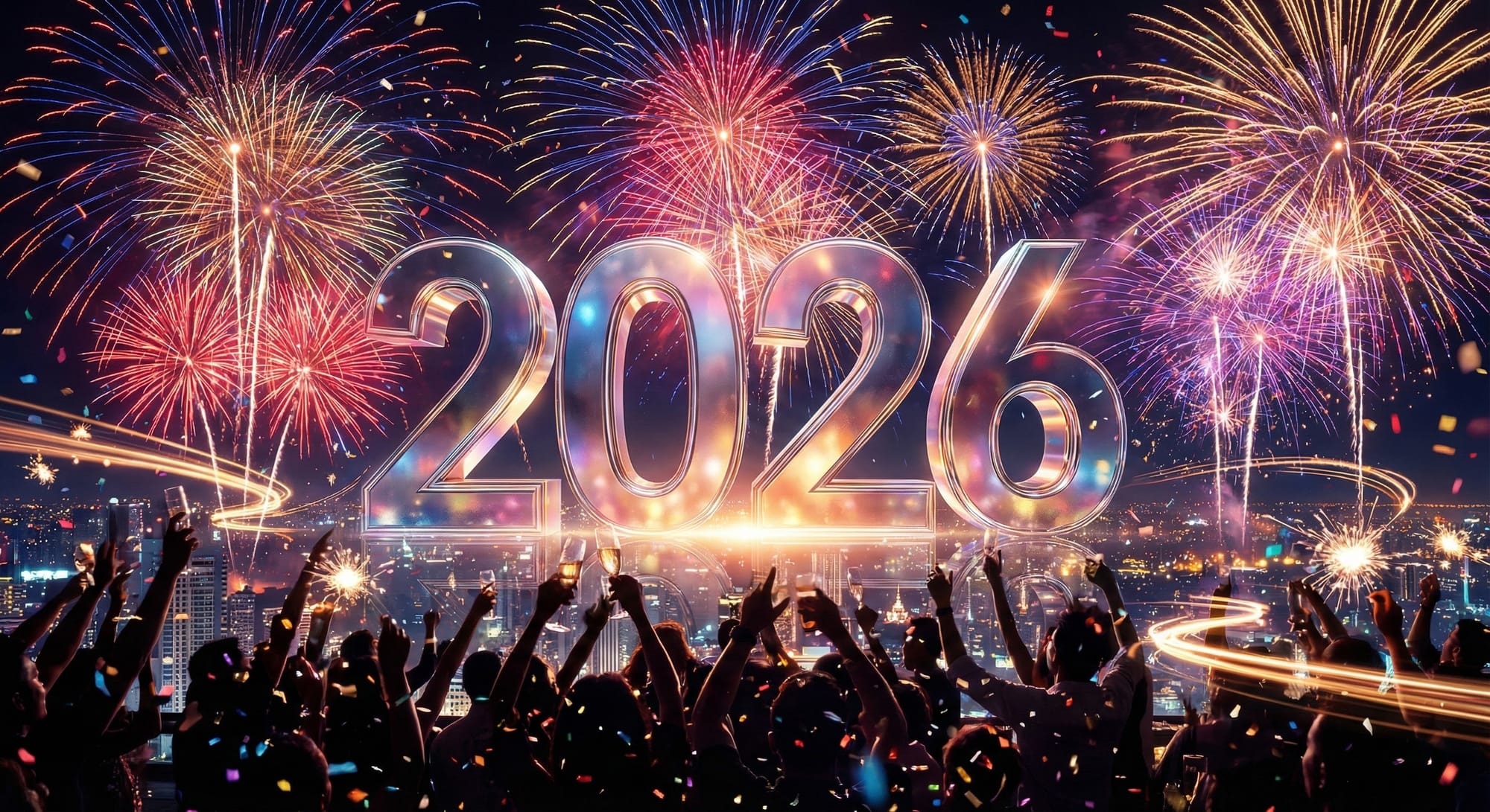 “High-energy New Year celebration scene, huge glossy metallic ‘2026’ standing in the center of a city rooftop party at night, surrounded by a sky filled with massive fireworks explosions, multicolored bursts forming circular frames around the numbers, dynamic light trails and sparklers drawing arcs in the air, people’s silhouettes cheering and raising glasses in the foreground, floor covered in confetti and glitter, reflections of fireworks on the polished surfaces of the 2026 digits, vibrant reds, golds, blues and purples, motion blur on sparks for dynamism, ultra-wide cinematic composition, 8K hyper-detailed, designed to feel like the ultimate countdown moment, extremely festive and viral.”​