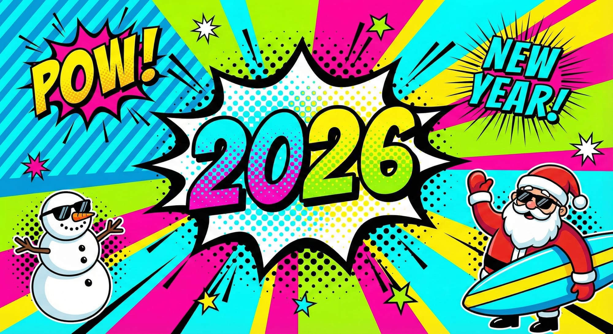 “Bold pop-art New Year 2026 postcard,&nbsp;2026&nbsp;in the middle like a comic-book explosion bubble, thick black outlines, halftone dots, bright contrasting colors (cyan, magenta, yellow, lime), dynamic diagonal composition, playful cartoon snowmen and Santa with sunglasses, fun meme vibe, clean vector style, ultra crisp 8K, perfect for social media virality”