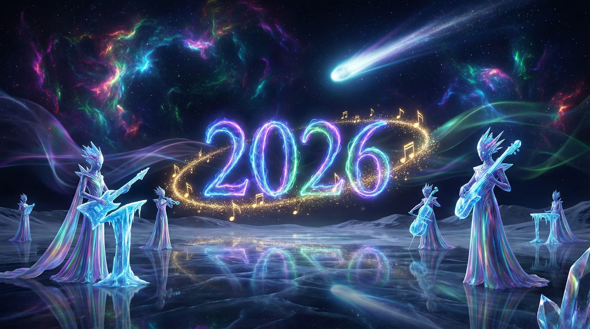 Prompt: On a midnight alien planet, cosmic beings in elaborate dress play ice instruments as a comet sweeps overhead. An immense “2026” glows in radiant plasma at center stage, surrounded by swirling musical notes made of stardust. Deep-space backdrop, reflective surfaces, neon cosmic clouds, 8K surreal fantasy—viral, otherworldly, awe-inspiring.​ 