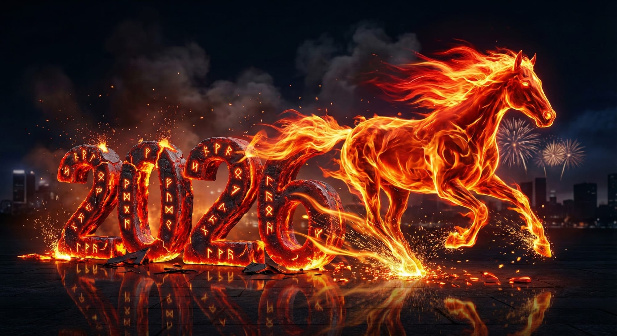Epic dynamic New Year scene where the glowing number ‘2026’ is transforming into a majestic red fire horse in mid-motion. The left side shows ‘2026’ as molten, red-hot metal numbers, edges cracking with lava, glowing runes and tiny sparks. As the eye moves to the right, the numbers stretch, twist, and morph into the powerful body of a running horse made of living flames: fiery red mane whipping backward like a comet tail, hooves exploding into showers of golden sparks, hot embers flying in all directions. Background is a dark night sky with subtle smoke clouds and faint city silhouettes, illuminated only by the orange-red glow of fire and a few distant fireworks. 