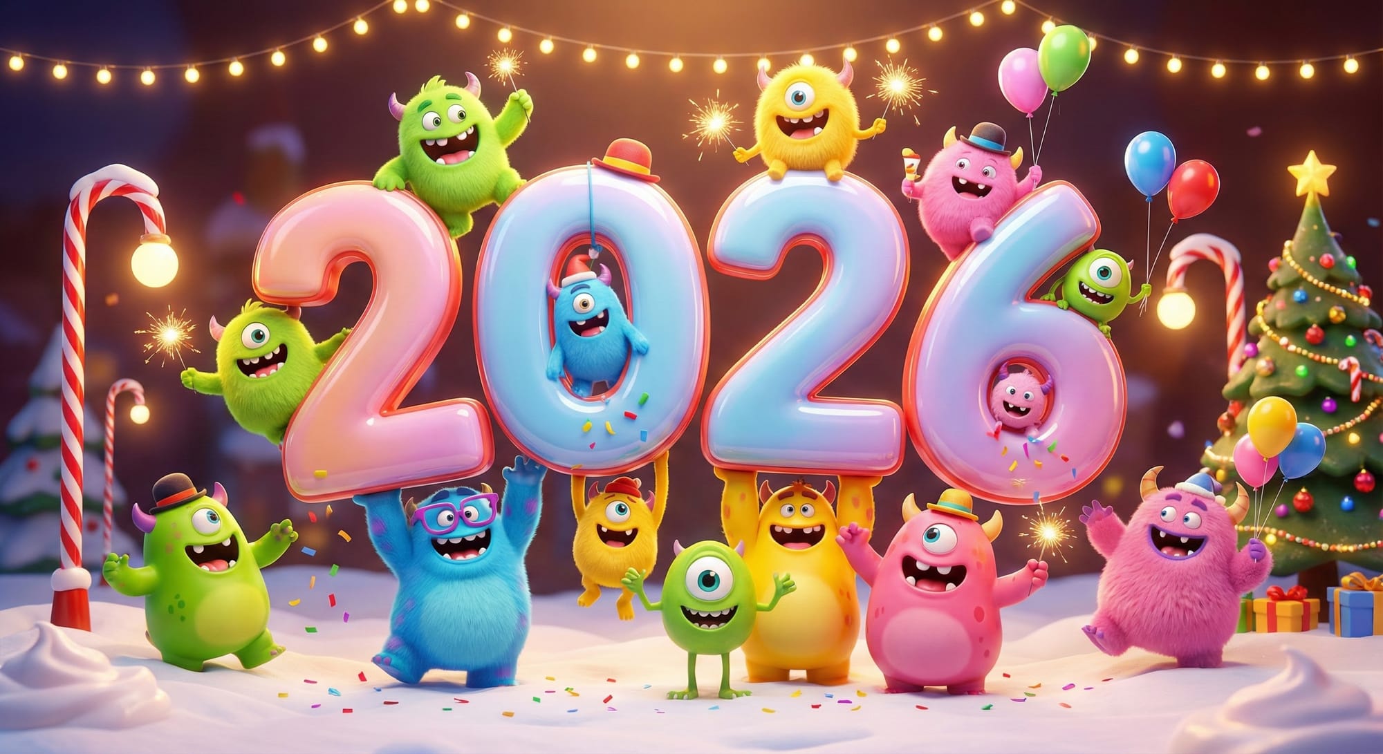Ultra-detailed 3D Pixar and Disney style New Year scene, bright and colorful like a frame from a Minions movie. In the very center, a huge glossy ‘2026’ made of shiny plastic with soft reflections, chunky rounded shapes and playful cartoon typography, floating slightly above the ground