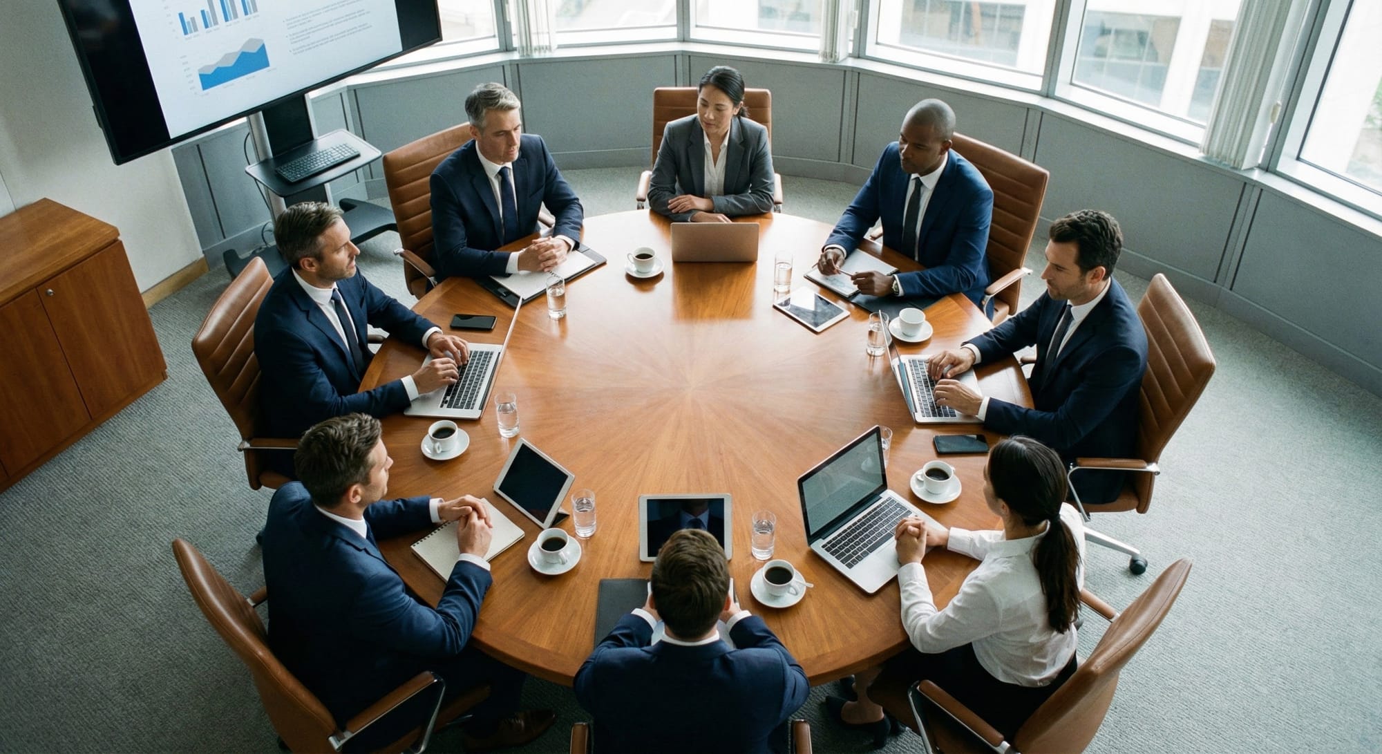 Exactly 8 people sitting around a round table at a business meeting, each wearing business attire, overhead view, photorealistic, corporate setting