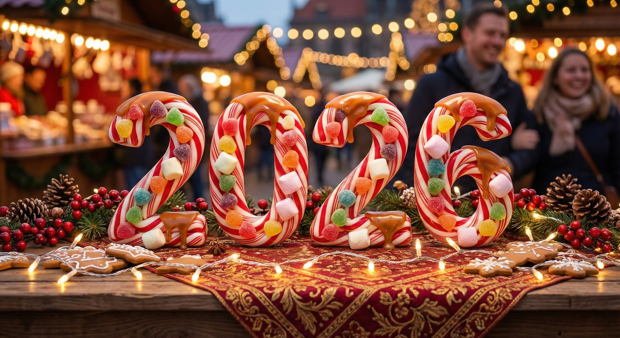 “Huge colorful ‘2026’ typography made from candy canes, jelly drops, marshmallows, and glossy caramel. The digits stand on a festive Christmas market table decorated with lights, gingerbread, and warm red–gold fabric. Cozy glowing bokeh around the numbers. Sweet, cheerful, bright holiday energy. Perfect for social media posts and cheerful newsletters.”