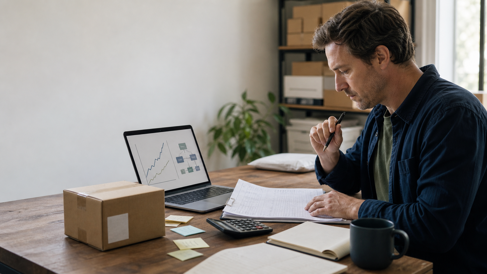Man reviewing a printed cost sheet with a calculator, laptop charts, and a parcel on a wooden worktable