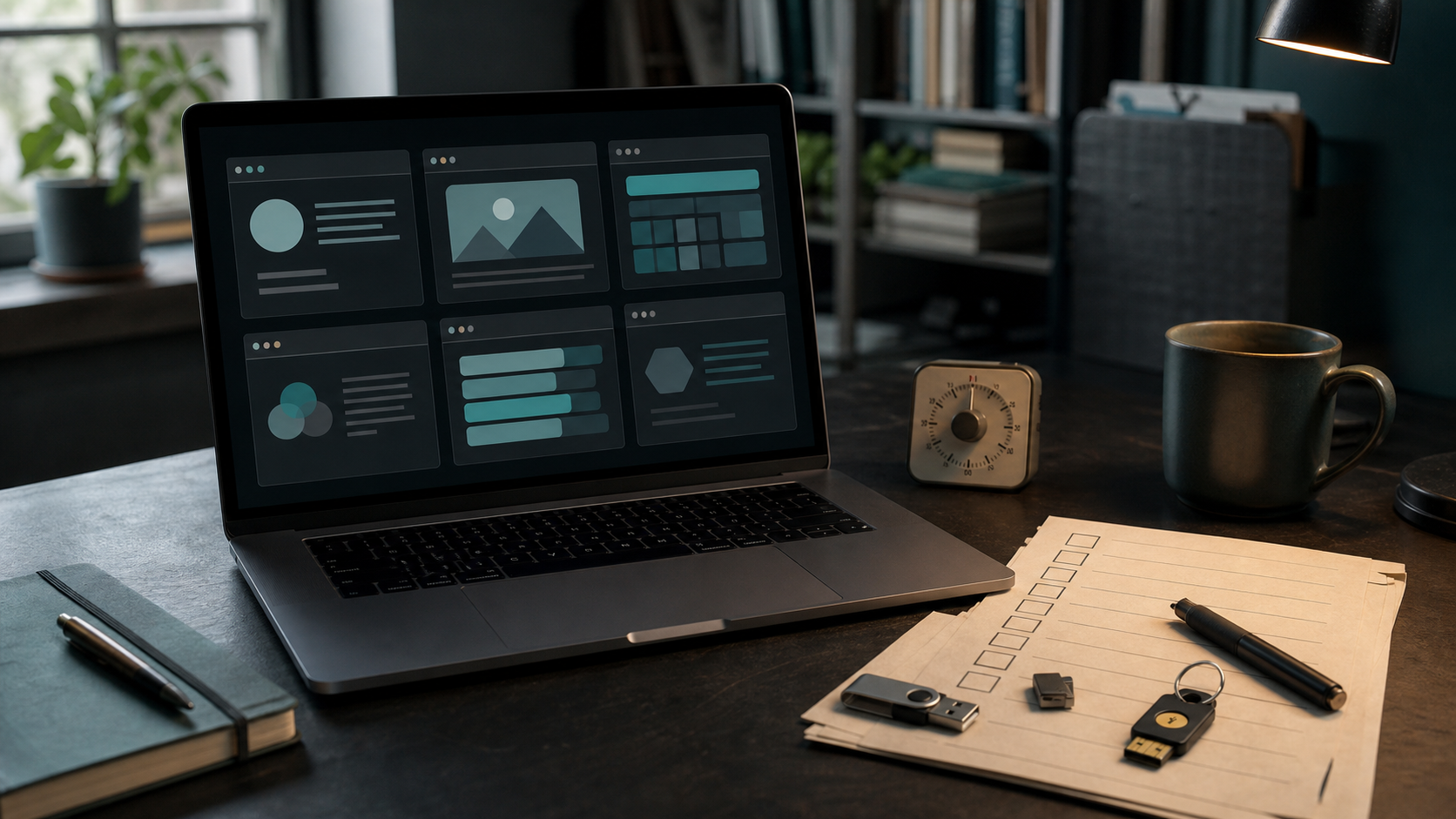 Laptop displaying six abstract tool panels beside a checklist, timer, USB drives, and a privacy key
