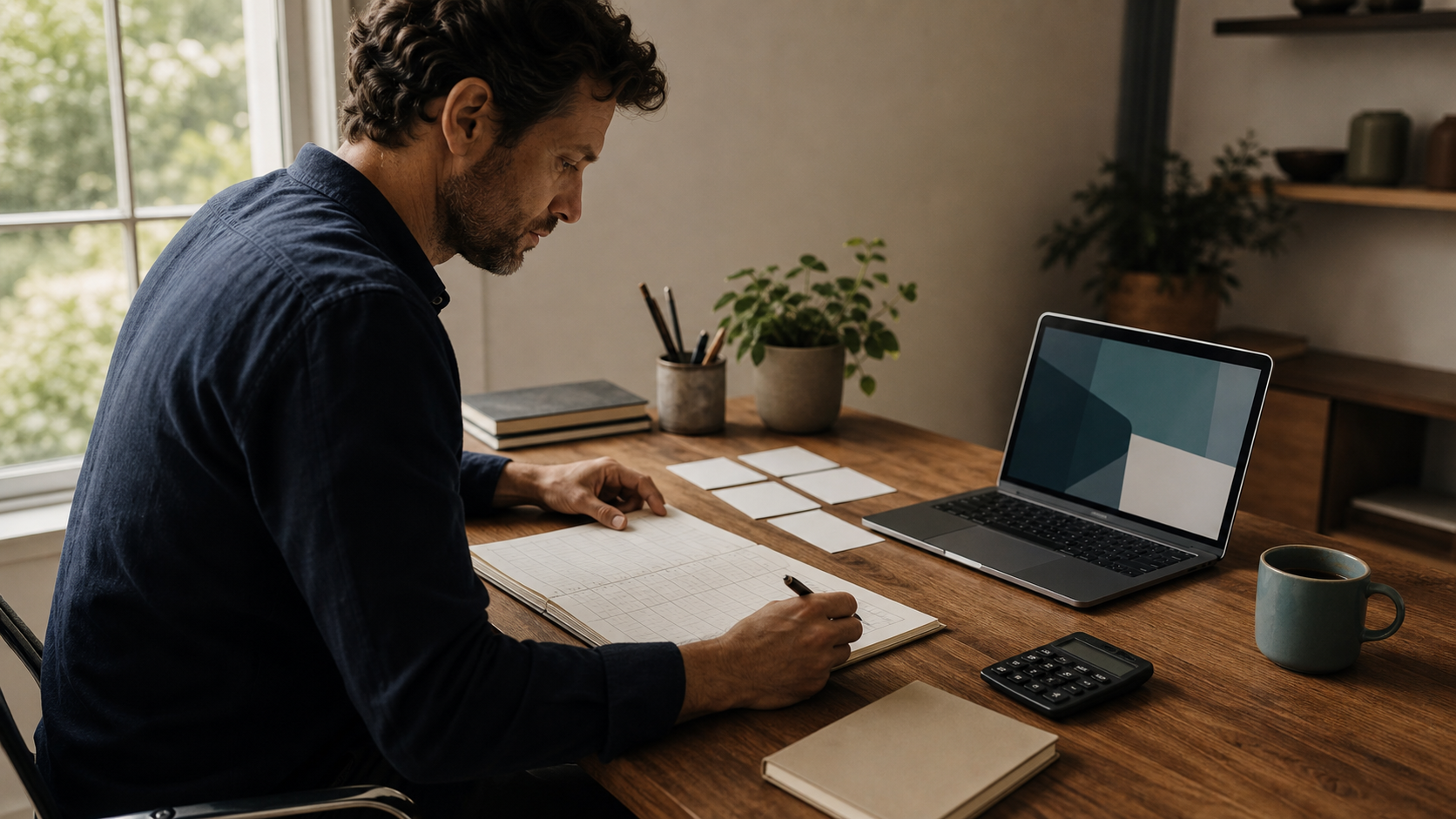 Freelancer reviewing a service ledger and workflow cards beside a laptop