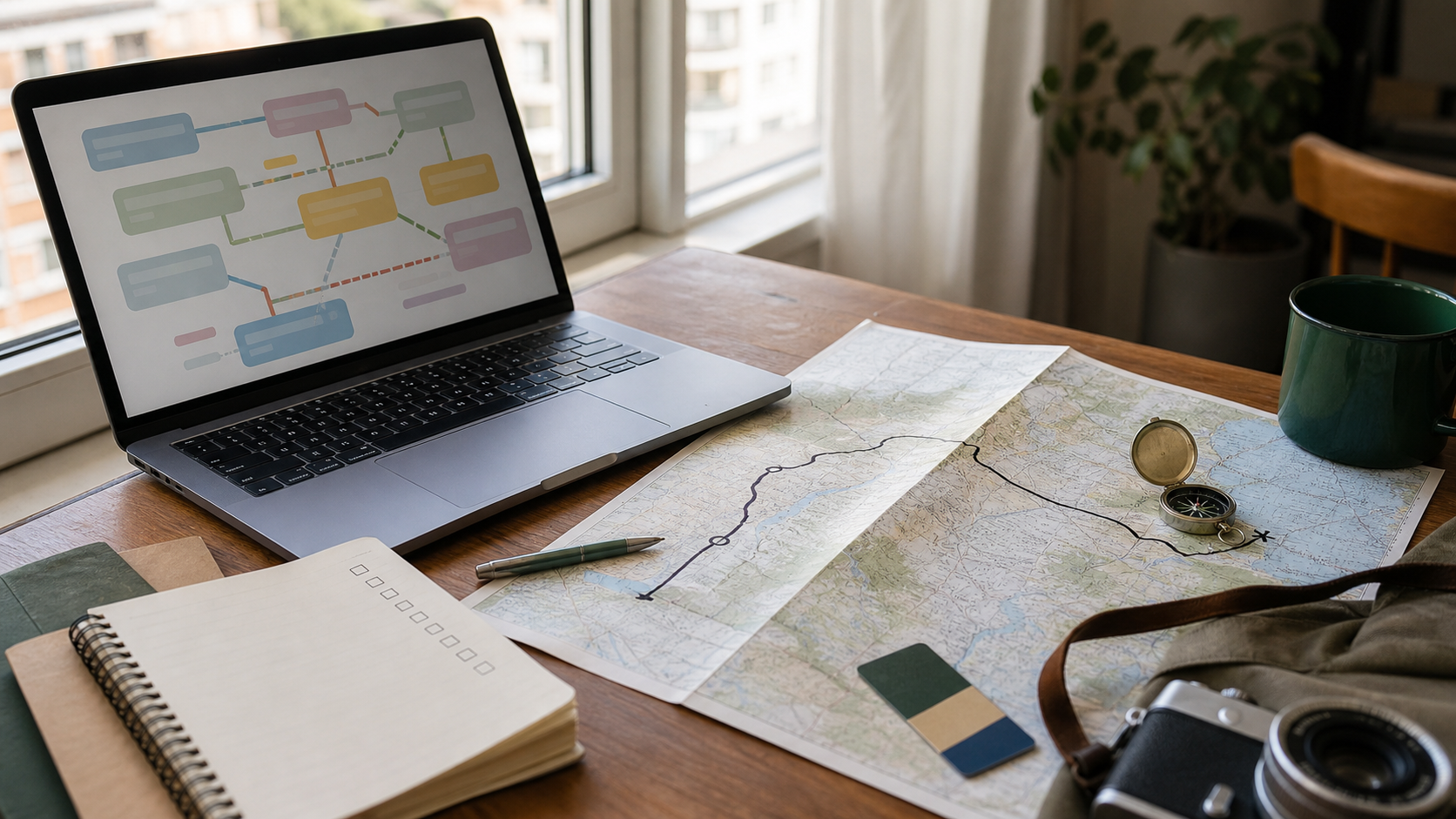 Laptop itinerary blocks, paper route map, compass, notebook, camera, and transit card on a travel-planning desk