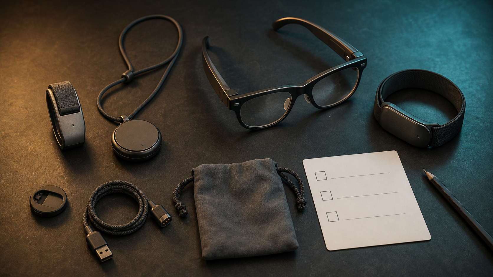 Unbranded wearable clip, pendant, glasses, and wrist band arranged with a checklist and charging cable