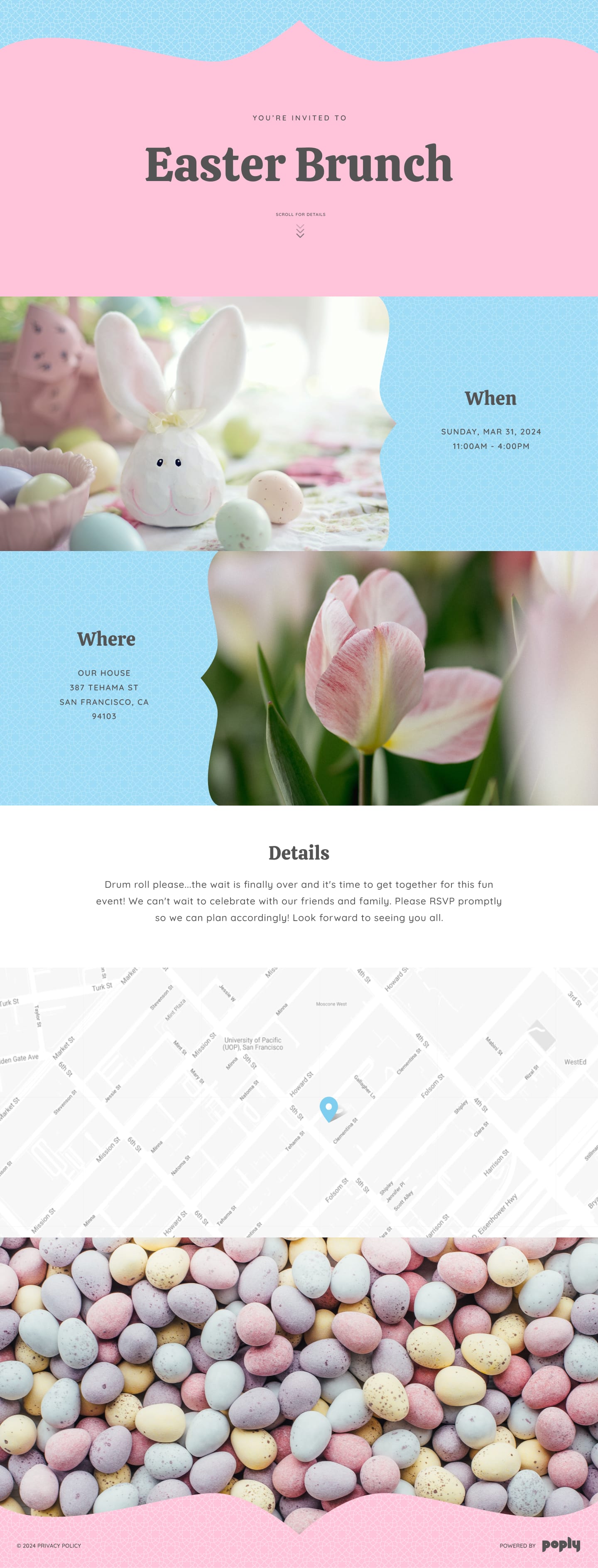 An adorable invitation for an Easter brunch using Poply's pink and blue color theme.